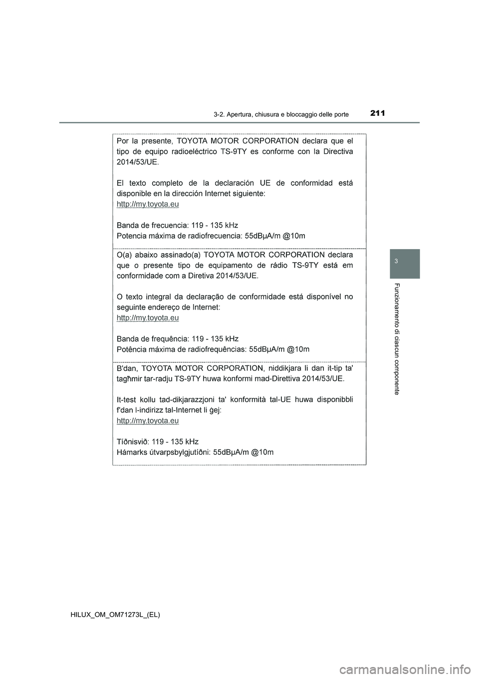 TOYOTA HILUX 2019  Manuale duso (in Italian) 2113-2. Apertura, chiusura e bloccaggio delle porte
3
Funzionamento di ciascun componente
HILUX_OM_OM71273L_(EL) 