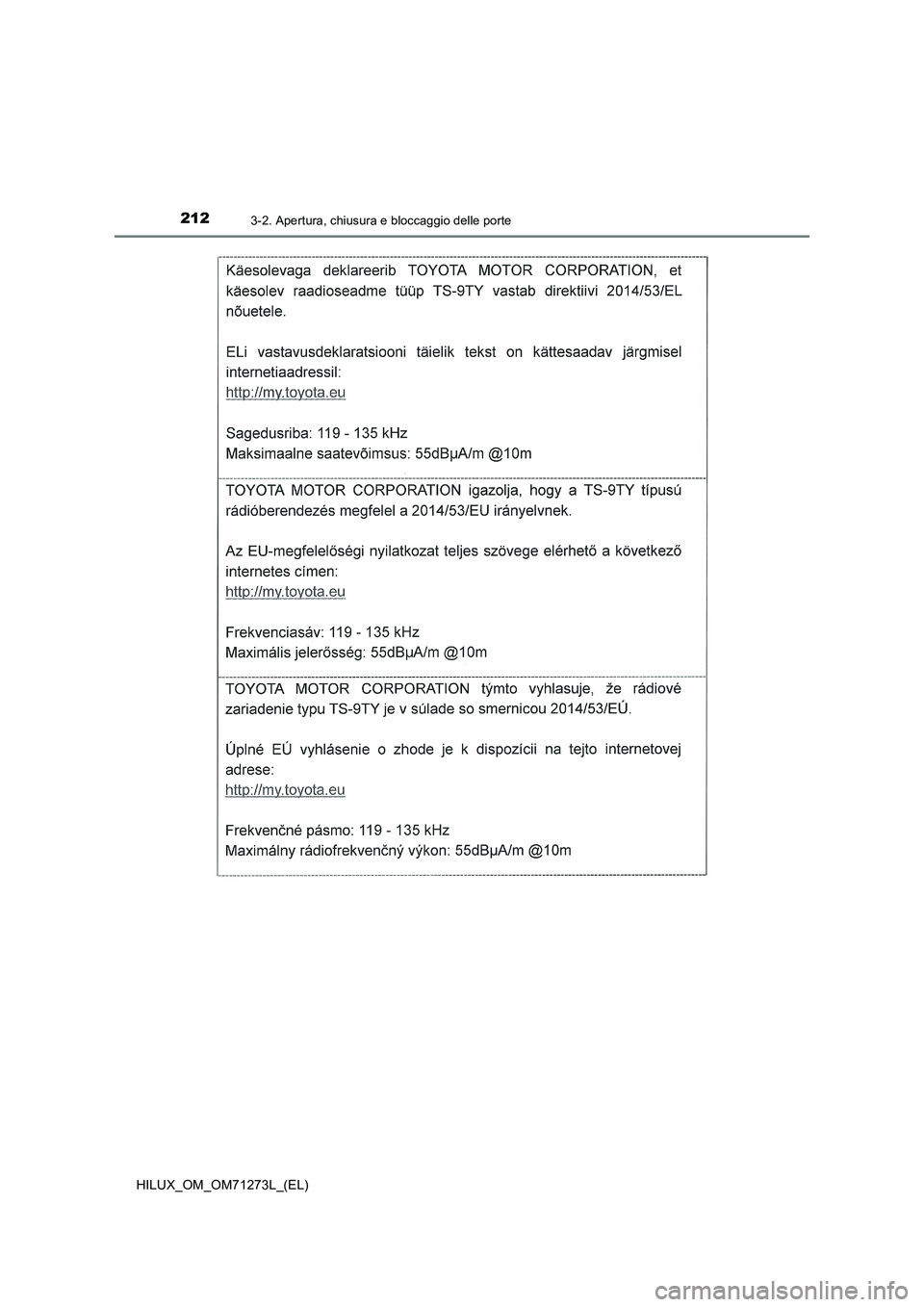 TOYOTA HILUX 2019  Manuale duso (in Italian) 2123-2. Apertura, chiusura e bloccaggio delle porte
HILUX_OM_OM71273L_(EL) 