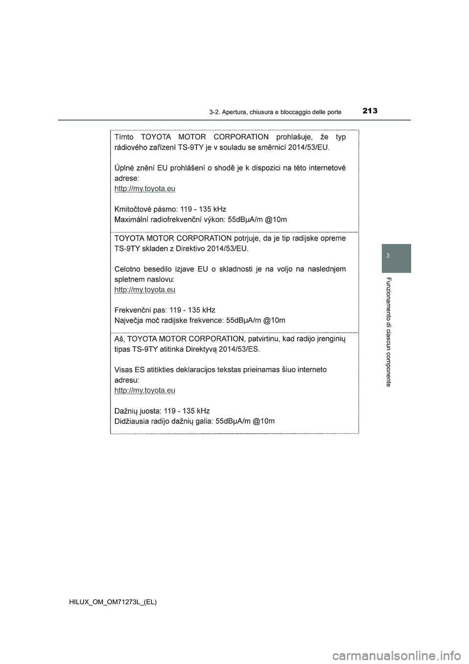 TOYOTA HILUX 2019  Manuale duso (in Italian) 2133-2. Apertura, chiusura e bloccaggio delle porte
3
Funzionamento di ciascun componente
HILUX_OM_OM71273L_(EL) 