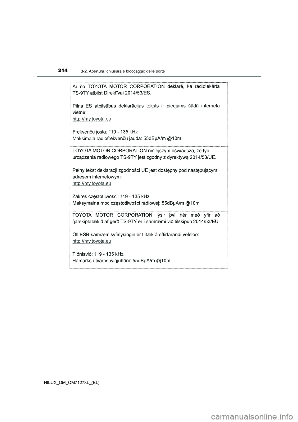 TOYOTA HILUX 2019  Manuale duso (in Italian) 2143-2. Apertura, chiusura e bloccaggio delle porte
HILUX_OM_OM71273L_(EL) 
