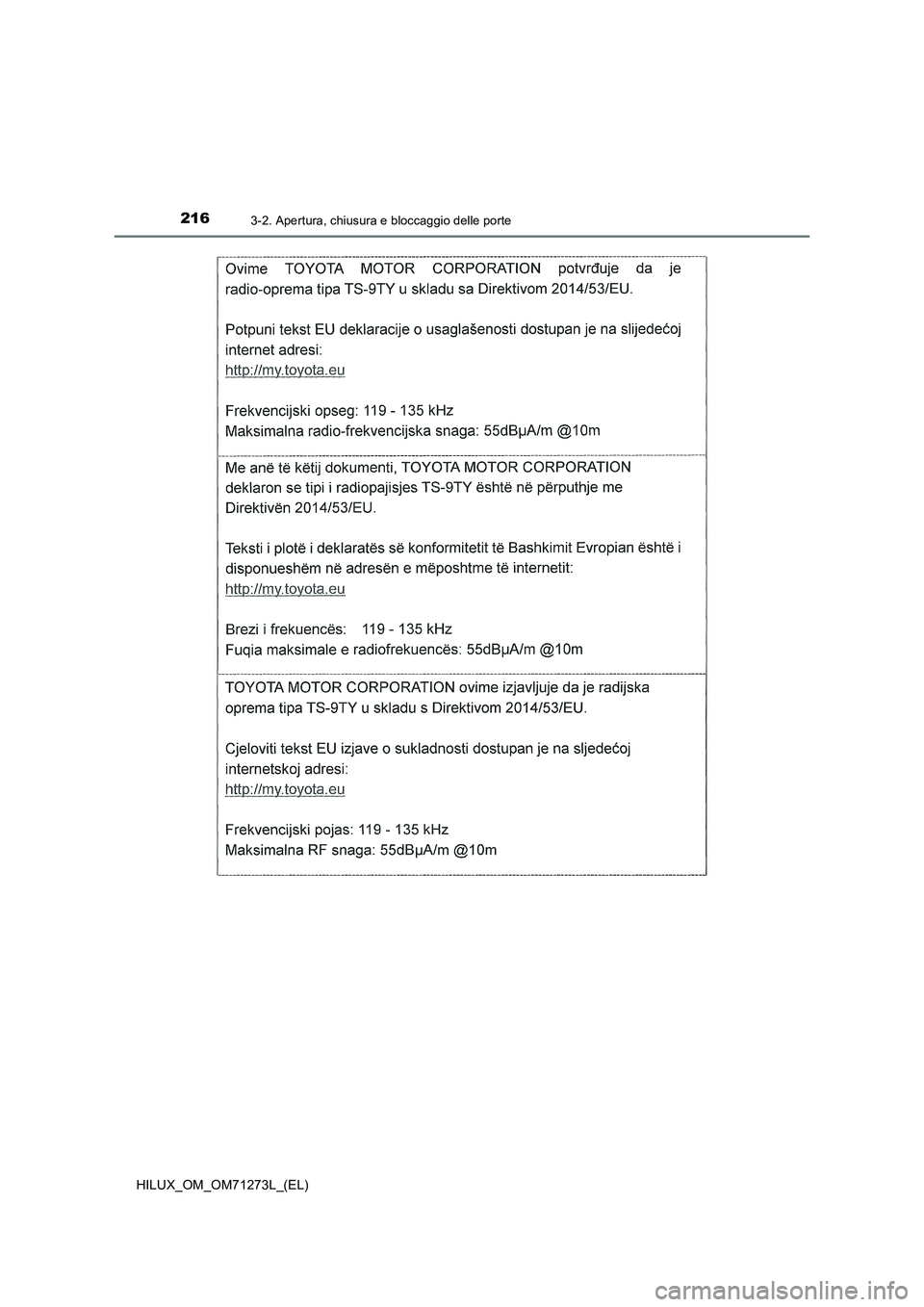 TOYOTA HILUX 2019  Manuale duso (in Italian) 2163-2. Apertura, chiusura e bloccaggio delle porte
HILUX_OM_OM71273L_(EL) 