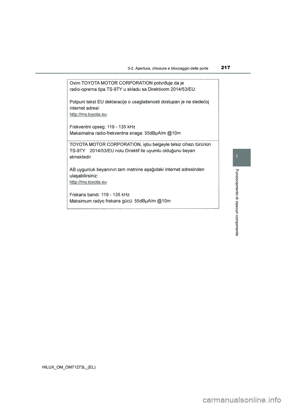 TOYOTA HILUX 2019  Manuale duso (in Italian) 2173-2. Apertura, chiusura e bloccaggio delle porte
3
Funzionamento di ciascun componente
HILUX_OM_OM71273L_(EL) 
