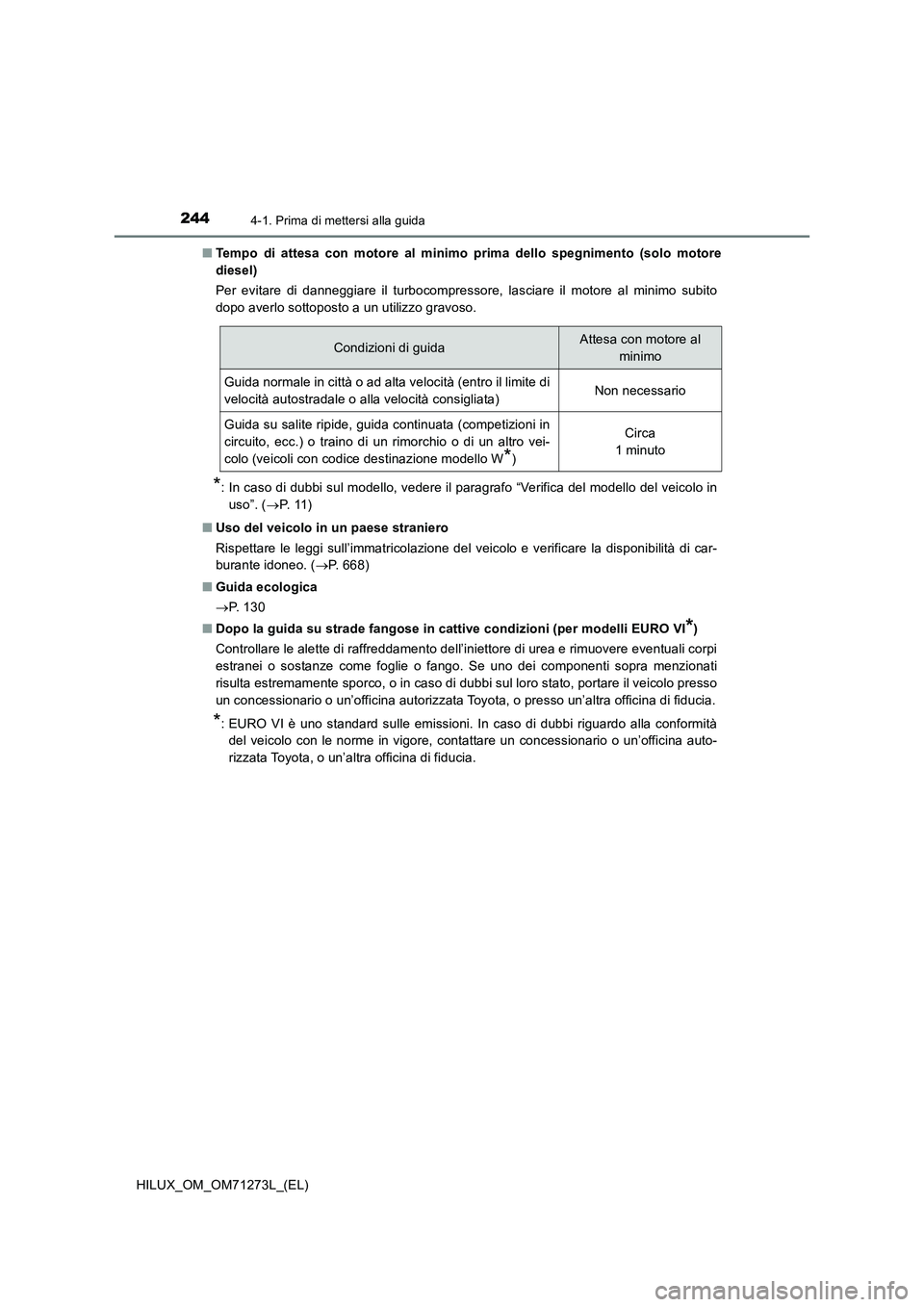 TOYOTA HILUX 2019 Manuale duso (in Italian) 2444-1. Prima di mettersi alla guida
HILUX_OM_OM71273L_(EL)■Tempo di attesa con motore al minimo prima dello spegnimento (solo motore
diesel)
Per evitare di danneggiare il turbocompressore, lasciare TOYOTA HILUX 2019 Manuale duso (in Italian) 2444-1. Prima di mettersi alla guida
HILUX_OM_OM71273L_(EL)■Tempo di attesa con motore al minimo prima dello spegnimento (solo motore
diesel)
Per evitare di danneggiare il turbocompressore, lasciare