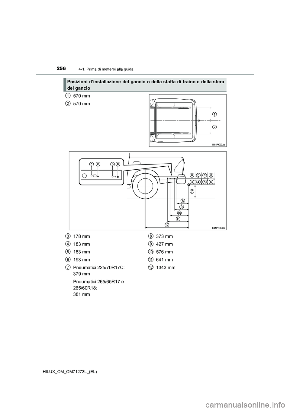 TOYOTA HILUX 2019 Manuale duso (in Italian) 2564-1. Prima di mettersi alla guida
HILUX_OM_OM71273L_(EL)
570 mm
570 mm
Posizioni d’installazione del gancio o della staffa di traino e della sfera
del gancio
1
2
178 mm
183 mm
183 mm
193 mm
Pneum TOYOTA HILUX 2019 Manuale duso (in Italian) 2564-1. Prima di mettersi alla guida
HILUX_OM_OM71273L_(EL)
570 mm
570 mm
Posizioni d’installazione del gancio o della staffa di traino e della sfera
del gancio
1
2
178 mm
183 mm
183 mm
193 mm
Pneum