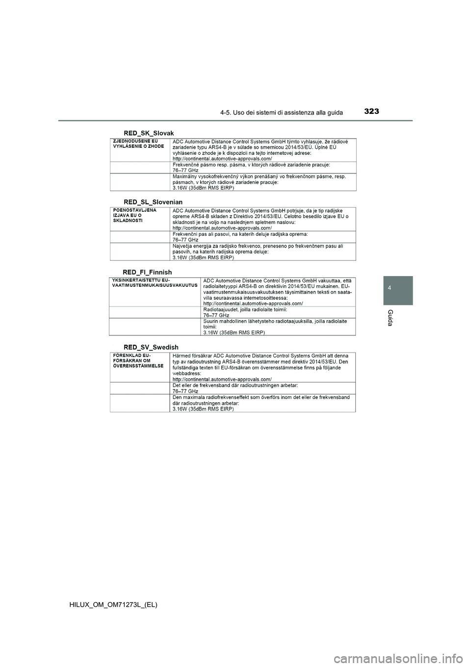 TOYOTA HILUX 2019 Manuale duso (in Italian) 3234-5. Uso dei sistemi di assistenza alla guida
4
Guida
HILUX_OM_OM71273L_(EL) TOYOTA HILUX 2019 Manuale duso (in Italian) 3234-5. Uso dei sistemi di assistenza alla guida
4
Guida
HILUX_OM_OM71273L_(EL)