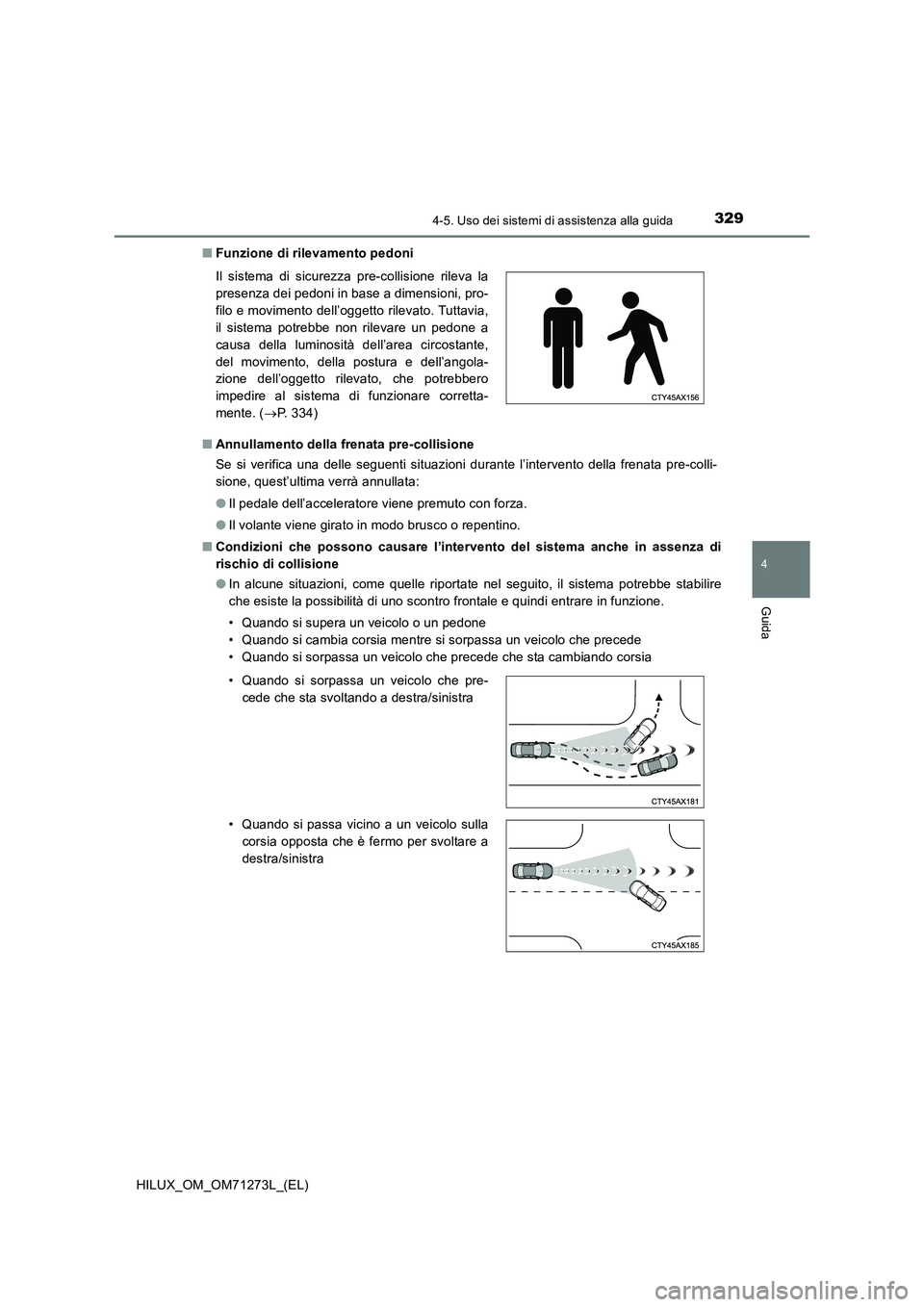 TOYOTA HILUX 2019 Manuale duso (in Italian) 3294-5. Uso dei sistemi di assistenza alla guida
4
Guida
HILUX_OM_OM71273L_(EL)■Funzione di rilevamento pedoni
■Annullamento della frenata pre-collisione
Se si verifica una delle seguenti situazio TOYOTA HILUX 2019 Manuale duso (in Italian) 3294-5. Uso dei sistemi di assistenza alla guida
4
Guida
HILUX_OM_OM71273L_(EL)■Funzione di rilevamento pedoni
■Annullamento della frenata pre-collisione
Se si verifica una delle seguenti situazio