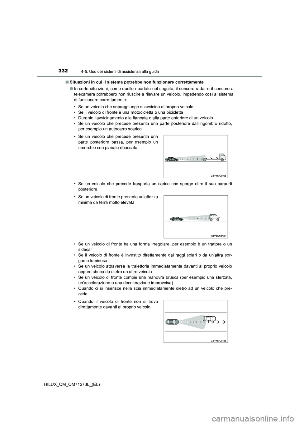 TOYOTA HILUX 2019 Manuale duso (in Italian) 3324-5. Uso dei sistemi di assistenza alla guida
HILUX_OM_OM71273L_(EL)■Situazioni in cui il sistema potrebbe non funzionare correttamente
●In certe situazioni, come quelle riportate nel seguito, TOYOTA HILUX 2019 Manuale duso (in Italian) 3324-5. Uso dei sistemi di assistenza alla guida
HILUX_OM_OM71273L_(EL)■Situazioni in cui il sistema potrebbe non funzionare correttamente
●In certe situazioni, come quelle riportate nel seguito,
