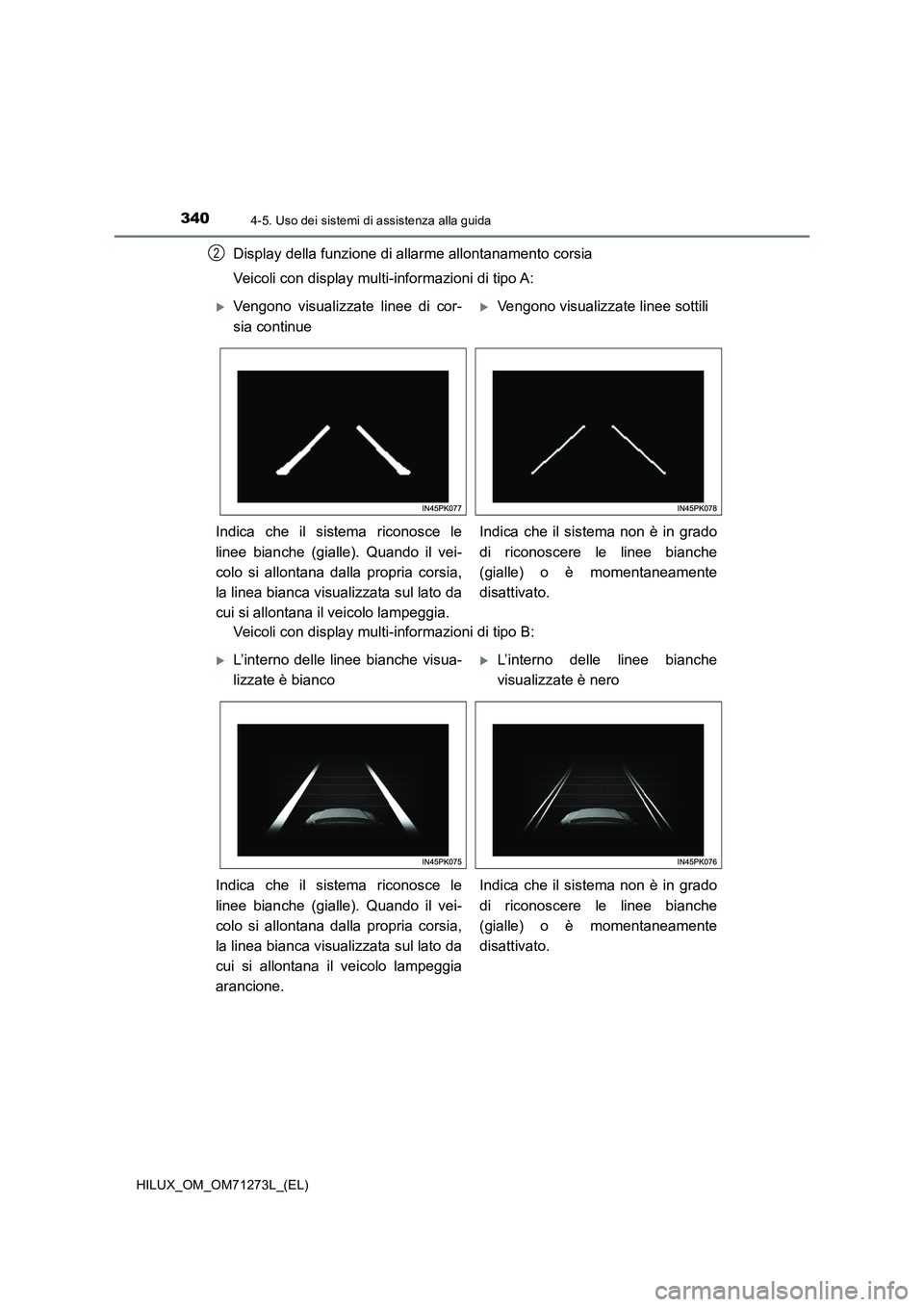 TOYOTA HILUX 2019 Manuale duso (in Italian) 3404-5. Uso dei sistemi di assistenza alla guida
HILUX_OM_OM71273L_(EL)
Display della funzione di allarme allontanamento corsia
Veicoli con display multi-informazioni di tipo A:
Veicoli con display mu TOYOTA HILUX 2019 Manuale duso (in Italian) 3404-5. Uso dei sistemi di assistenza alla guida
HILUX_OM_OM71273L_(EL)
Display della funzione di allarme allontanamento corsia
Veicoli con display multi-informazioni di tipo A:
Veicoli con display mu