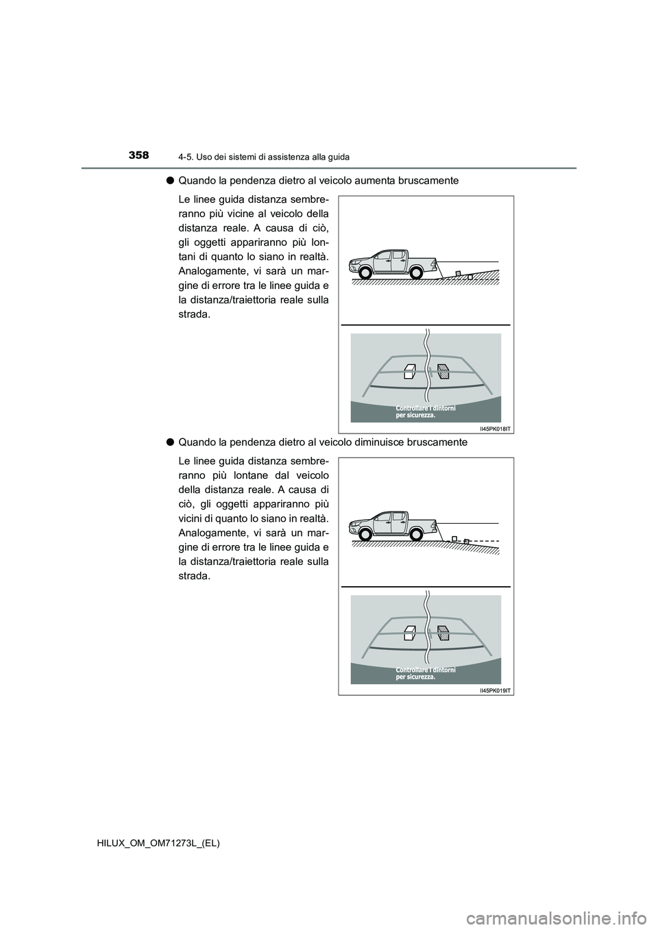 TOYOTA HILUX 2019 Manuale duso (in Italian) 3584-5. Uso dei sistemi di assistenza alla guida
HILUX_OM_OM71273L_(EL)
●Quando la pendenza dietro al veicolo aumenta bruscamente
Le linee guida distanza sembre-
ranno più vicine al veicolo della
d TOYOTA HILUX 2019 Manuale duso (in Italian) 3584-5. Uso dei sistemi di assistenza alla guida
HILUX_OM_OM71273L_(EL)
●Quando la pendenza dietro al veicolo aumenta bruscamente
Le linee guida distanza sembre-
ranno più vicine al veicolo della
d