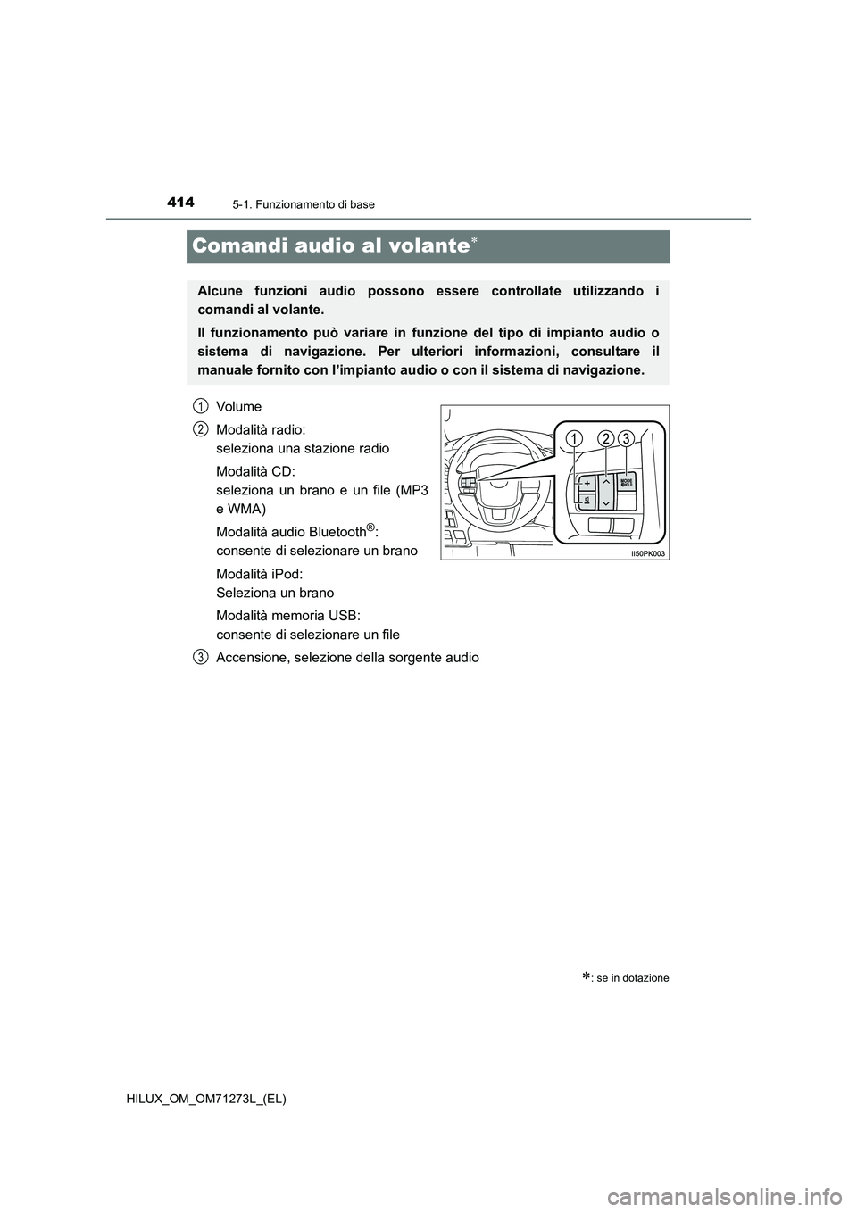 TOYOTA HILUX 2019 Manuale duso (in Italian) 4145-1. Funzionamento di base
HILUX_OM_OM71273L_(EL)
Comandi audio al volante
Volume
Modalità radio:
seleziona una stazione radio
Modalità CD:
seleziona un brano e un file (MP3
e WMA)
Modalità TOYOTA HILUX 2019 Manuale duso (in Italian) 4145-1. Funzionamento di base
HILUX_OM_OM71273L_(EL)
Comandi audio al volante
Volume
Modalità radio:
seleziona una stazione radio
Modalità CD:
seleziona un brano e un file (MP3
e WMA)
Modalità