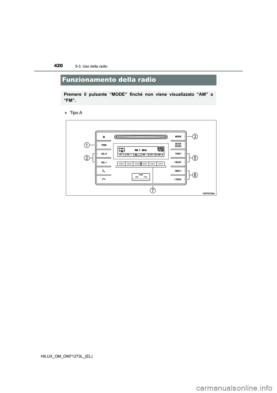 TOYOTA HILUX 2019 Manuale duso (in Italian) 4205-3. Uso della radio
HILUX_OM_OM71273L_(EL)
Funzionamento della radio
Tipo A
Premere il pulsante “MODE” finché non viene visualizzato “AM” o
“FM”. TOYOTA HILUX 2019 Manuale duso (in Italian) 4205-3. Uso della radio
HILUX_OM_OM71273L_(EL)
Funzionamento della radio
Tipo A
Premere il pulsante “MODE” finché non viene visualizzato “AM” o
“FM”.