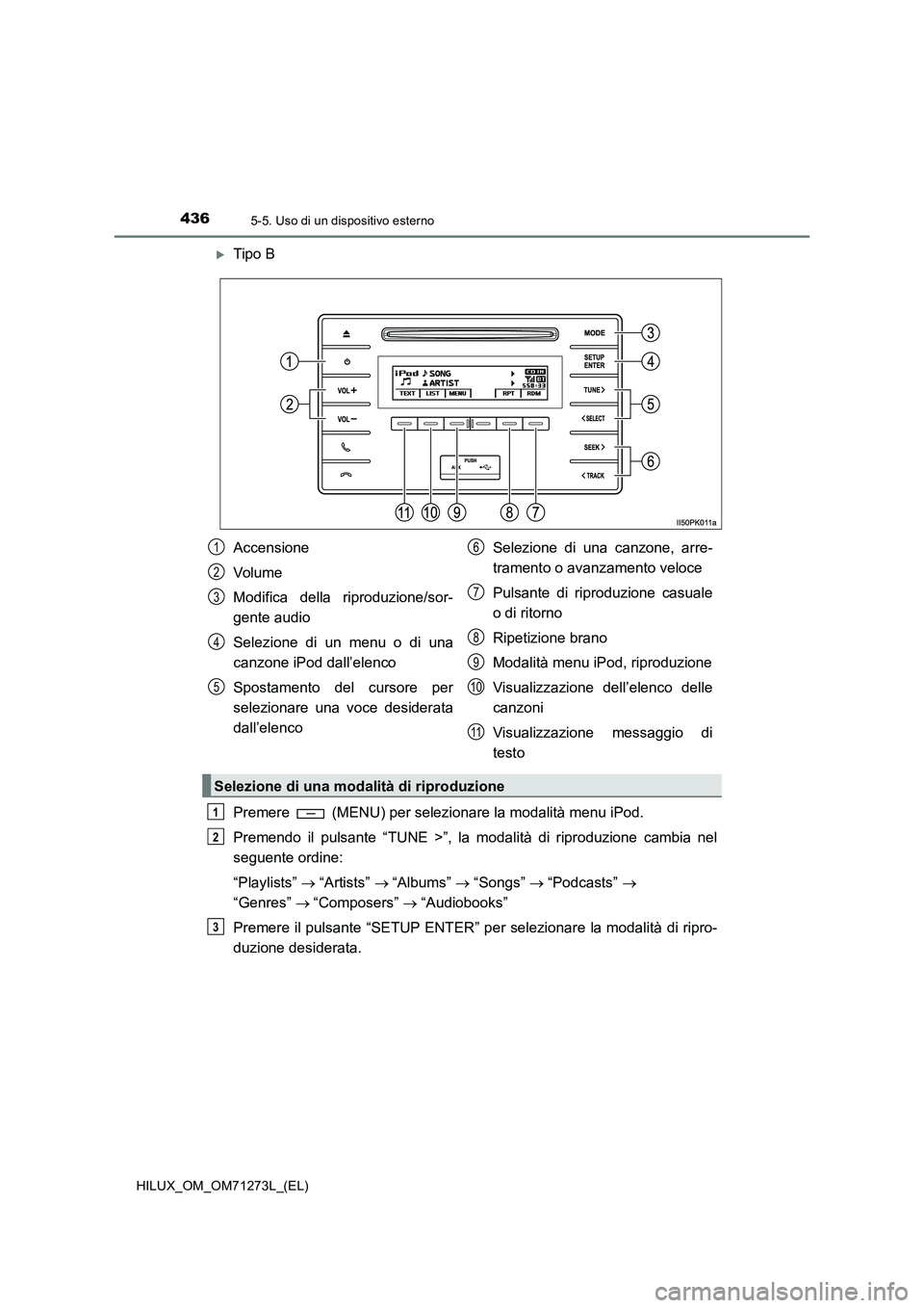 TOYOTA HILUX 2019 Manuale duso (in Italian) 4365-5. Uso di un dispositivo esterno
HILUX_OM_OM71273L_(EL)
Tipo B
Premere (MENU) per selezionare la modalità menu iPod.
Premendo il pulsante “TUNE >”, la modalità di riproduzione cambia n TOYOTA HILUX 2019 Manuale duso (in Italian) 4365-5. Uso di un dispositivo esterno
HILUX_OM_OM71273L_(EL)
Tipo B
Premere (MENU) per selezionare la modalità menu iPod.
Premendo il pulsante “TUNE >”, la modalità di riproduzione cambia n