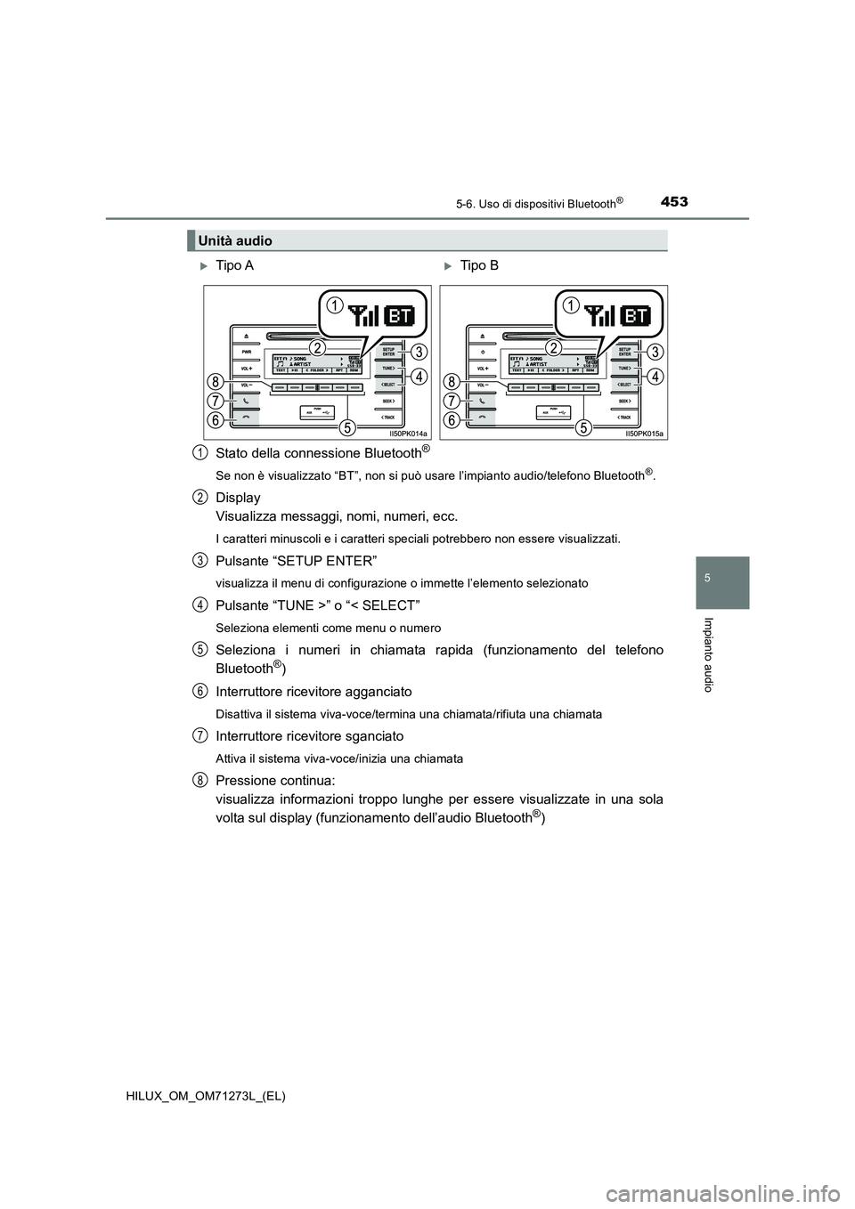 TOYOTA HILUX 2019 Manuale duso (in Italian) 4535-6. Uso di dispositivi Bluetooth®
5
Impianto audio
HILUX_OM_OM71273L_(EL)
Stato della connessione Bluetooth®
Se non è visualizzato “BT”, non si può usare l’impianto audio/telefono Blueto TOYOTA HILUX 2019 Manuale duso (in Italian) 4535-6. Uso di dispositivi Bluetooth®
5
Impianto audio
HILUX_OM_OM71273L_(EL)
Stato della connessione Bluetooth®
Se non è visualizzato “BT”, non si può usare l’impianto audio/telefono Blueto