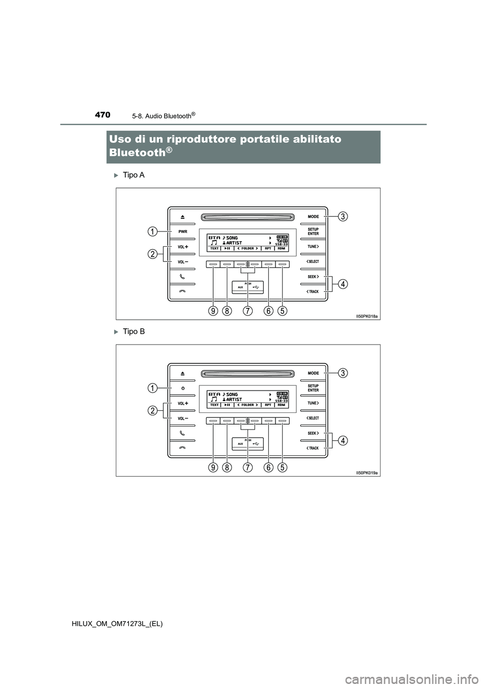 TOYOTA HILUX 2019  Manuale duso (in Italian) 4705-8. Audio Bluetooth®
HILUX_OM_OM71273L_(EL)
Uso di un riproduttore portatile abilitato 
Bluetooth
®
Tipo A
Tipo B 