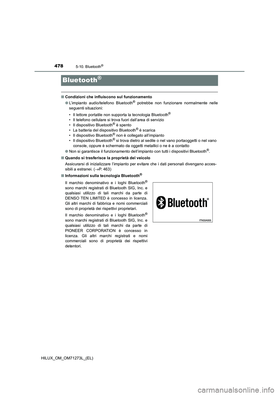 TOYOTA HILUX 2019  Manuale duso (in Italian) 4785-10. Bluetooth®
HILUX_OM_OM71273L_(EL)
Bluetooth®
■Condizioni che influiscono sul funzionamento
●L’impianto audio/telefono Bluetooth® potrebbe non funzionare normalmente nelle
seguenti si