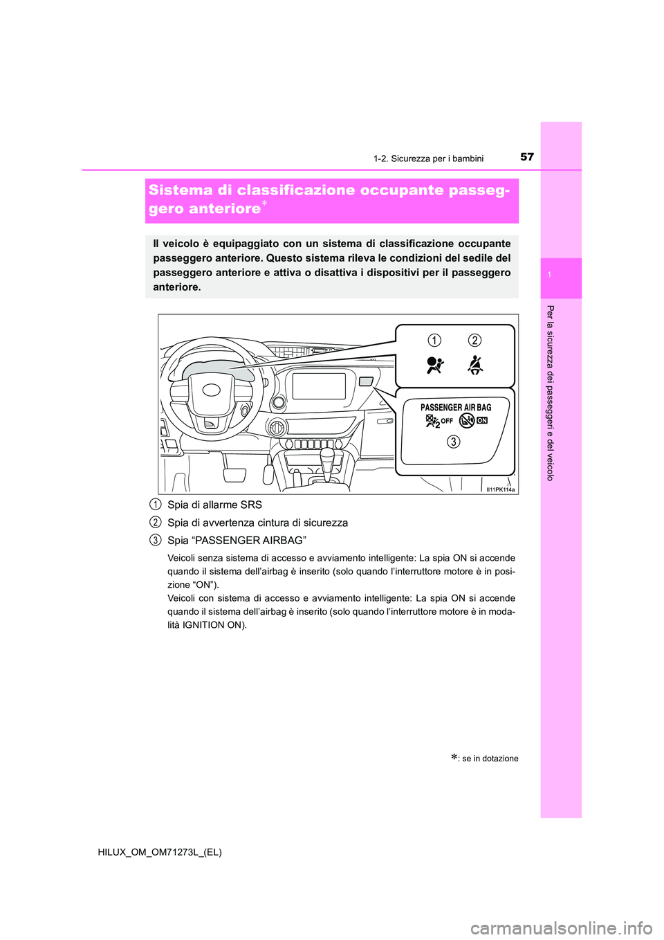 TOYOTA HILUX 2019  Manuale duso (in Italian) 57
1
1-2. Sicurezza per i bambini
HILUX_OM_OM71273L_(EL)
Per la sicurezza dei passeggeri e del veicolo
Sistema di classificazione occupante passeg- 
gero anteriore
Spia di allarme SRS 
Spia di avve