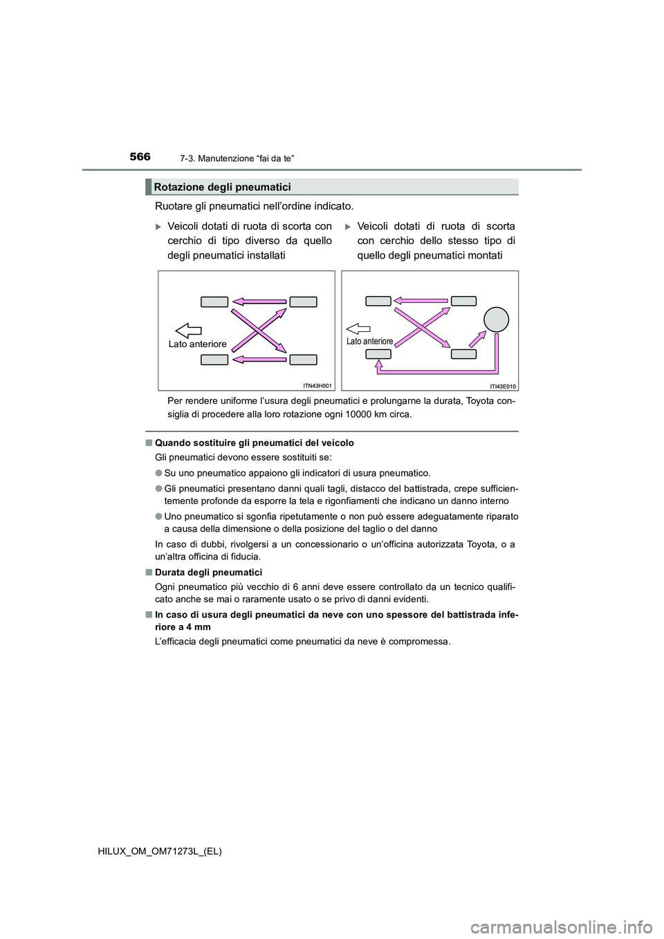 TOYOTA HILUX 2019 Manuale duso (in Italian) 5667-3. Manutenzione “fai da te”
HILUX_OM_OM71273L_(EL)
Ruotare gli pneumatici nell’ordine indicato.
Per rendere uniforme l’usura degli pneumatici e prolungarne la durata, Toyota con-
siglia d TOYOTA HILUX 2019 Manuale duso (in Italian) 5667-3. Manutenzione “fai da te”
HILUX_OM_OM71273L_(EL)
Ruotare gli pneumatici nell’ordine indicato.
Per rendere uniforme l’usura degli pneumatici e prolungarne la durata, Toyota con-
siglia d
