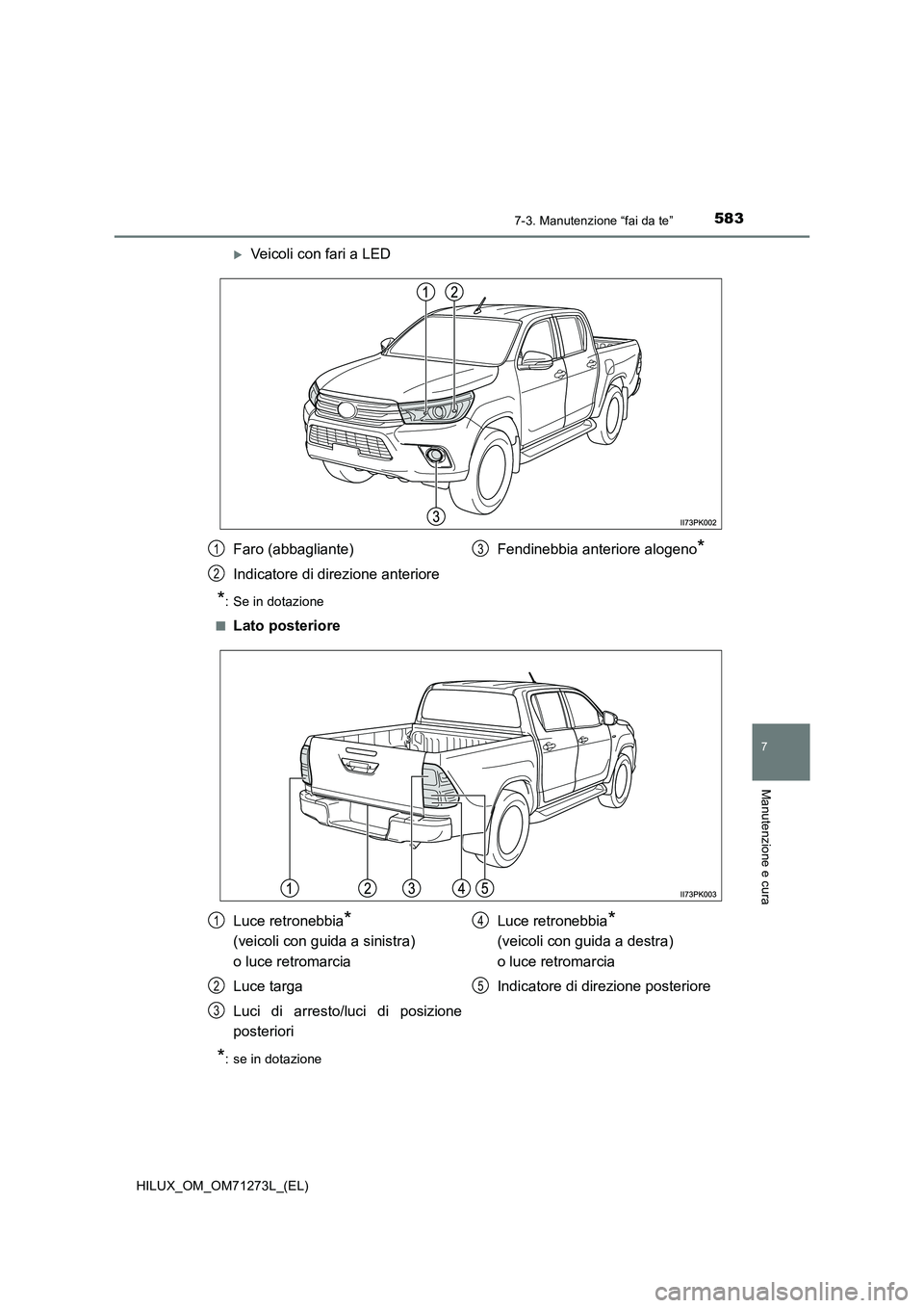 TOYOTA HILUX 2019  Manuale duso (in Italian) 5837-3. Manutenzione “fai da te”
HILUX_OM_OM71273L_(EL)
7
Manutenzione e cura
Veicoli con fari a LED
*: Se in dotazione
■
Lato posteriore
*: se in dotazione
Faro (abbagliante)
Indicatore di d