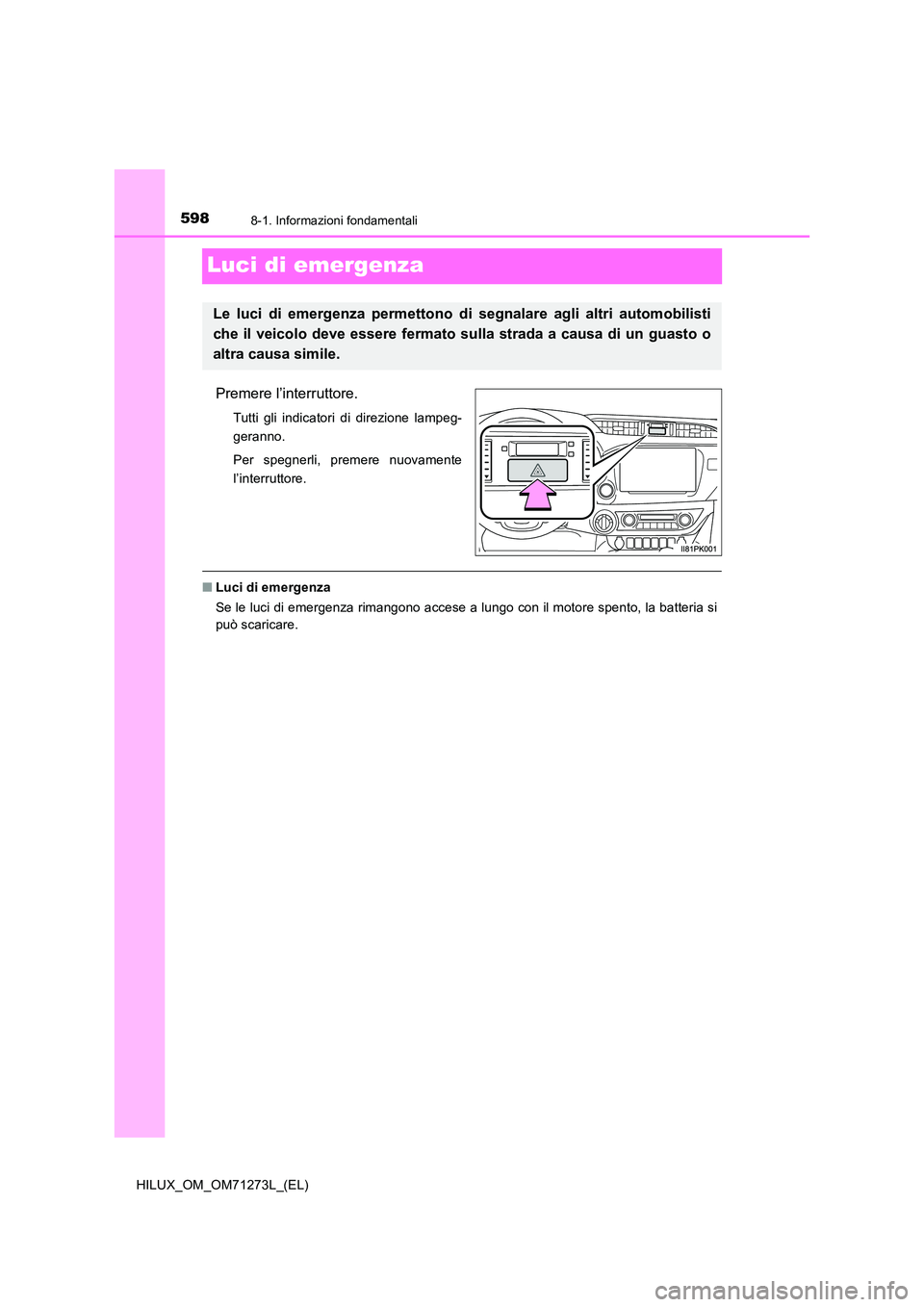 TOYOTA HILUX 2019 Manuale duso (in Italian) 5988-1. Informazioni fondamentali
HILUX_OM_OM71273L_(EL)
Luci di emergenza
Premere l’interruttore.
Tutti gli indicatori di direzione lampeg-
geranno.
Per spegnerli, premere nuovamente
l’interru TOYOTA HILUX 2019 Manuale duso (in Italian) 5988-1. Informazioni fondamentali
HILUX_OM_OM71273L_(EL)
Luci di emergenza
Premere l’interruttore.
Tutti gli indicatori di direzione lampeg-
geranno.
Per spegnerli, premere nuovamente
l’interru