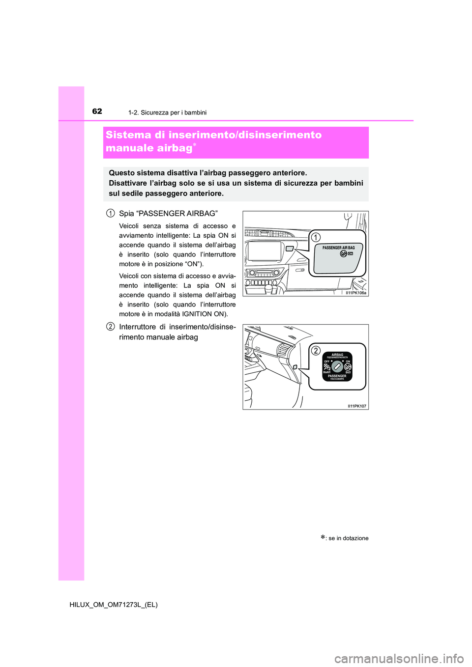 TOYOTA HILUX 2019 Manuale duso (in Italian) 621-2. Sicurezza per i bambini
HILUX_OM_OM71273L_(EL)
Sistema di inserimento/disinserimento
manuale airbag
Spia “PASSENGER AIRBAG”
Veicoli senza sistema di accesso e
avviamento intelligente: TOYOTA HILUX 2019 Manuale duso (in Italian) 621-2. Sicurezza per i bambini
HILUX_OM_OM71273L_(EL)
Sistema di inserimento/disinserimento
manuale airbag
Spia “PASSENGER AIRBAG”
Veicoli senza sistema di accesso e
avviamento intelligente: