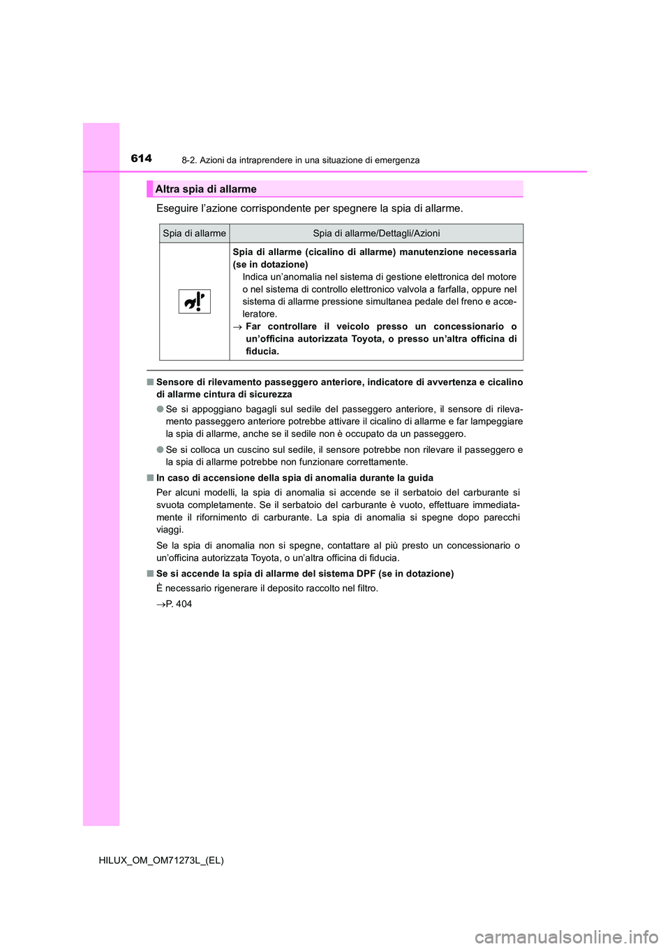 TOYOTA HILUX 2019 Manuale duso (in Italian) 6148-2. Azioni da intraprendere in una situazione di emergenza
HILUX_OM_OM71273L_(EL)
Eseguire l’azione corrispondente per spegnere la spia di allarme.
■Sensore di rilevamento passeggero anteriore TOYOTA HILUX 2019 Manuale duso (in Italian) 6148-2. Azioni da intraprendere in una situazione di emergenza
HILUX_OM_OM71273L_(EL)
Eseguire l’azione corrispondente per spegnere la spia di allarme.
■Sensore di rilevamento passeggero anteriore