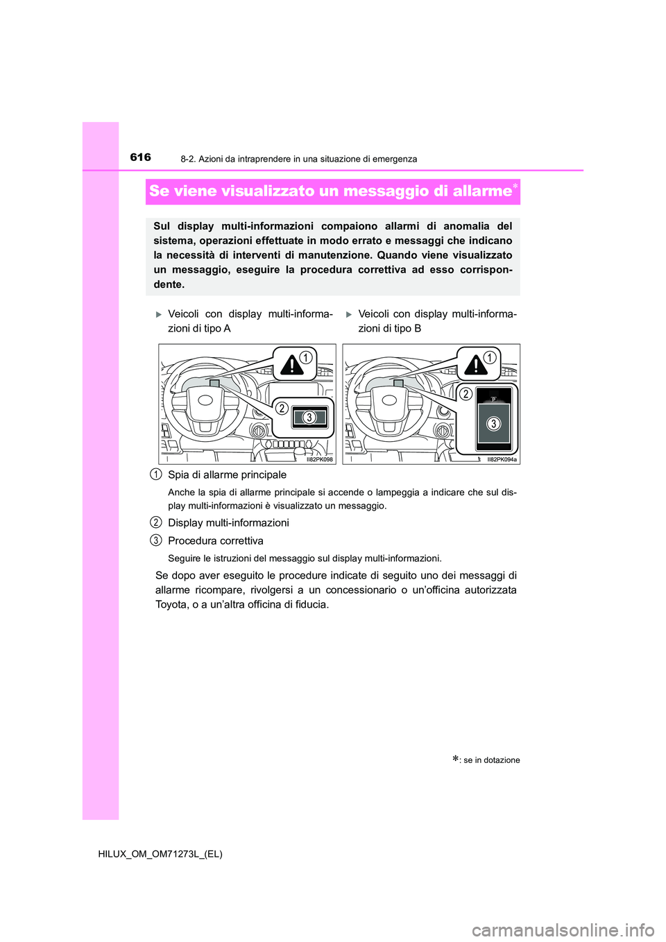 TOYOTA HILUX 2019 Manuale duso (in Italian) 6168-2. Azioni da intraprendere in una situazione di emergenza
HILUX_OM_OM71273L_(EL)
Se viene visualizzato un messaggio di allarme
Spia di allarme principale
Anche la spia di allarme principale si TOYOTA HILUX 2019 Manuale duso (in Italian) 6168-2. Azioni da intraprendere in una situazione di emergenza
HILUX_OM_OM71273L_(EL)
Se viene visualizzato un messaggio di allarme
Spia di allarme principale
Anche la spia di allarme principale si