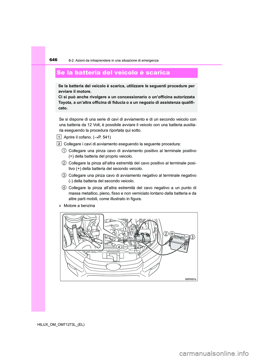TOYOTA HILUX 2019 Manuale duso (in Italian) 6468-2. Azioni da intraprendere in una situazione di emergenza
HILUX_OM_OM71273L_(EL)
Se la batteria del veicolo è scarica
Se si dispone di una serie di cavi di avviamento e di un secondo veicolo con TOYOTA HILUX 2019 Manuale duso (in Italian) 6468-2. Azioni da intraprendere in una situazione di emergenza
HILUX_OM_OM71273L_(EL)
Se la batteria del veicolo è scarica
Se si dispone di una serie di cavi di avviamento e di un secondo veicolo con