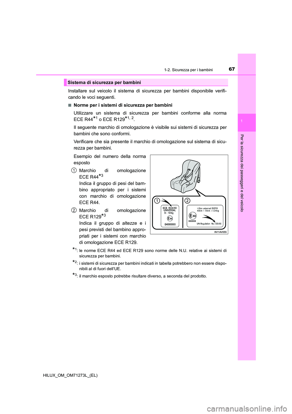 TOYOTA HILUX 2019 Manuale duso (in Italian) 671-2. Sicurezza per i bambini
1
HILUX_OM_OM71273L_(EL)
Per la sicurezza dei passeggeri e del veicolo
Installare sul veicolo il sistema di sicurezza per bambini disponibile verifi-
cando le voci segu TOYOTA HILUX 2019 Manuale duso (in Italian) 671-2. Sicurezza per i bambini
1
HILUX_OM_OM71273L_(EL)
Per la sicurezza dei passeggeri e del veicolo
Installare sul veicolo il sistema di sicurezza per bambini disponibile verifi-
cando le voci segu