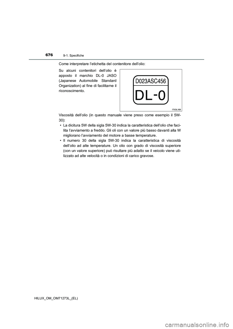 TOYOTA HILUX 2019 Manuale duso (in Italian) 6769-1. Specifiche
HILUX_OM_OM71273L_(EL)
Come interpretare l’etichetta del contenitore dell’olio:
Su alcuni contenitori dell’olio è
apposto il marchio DL-0 JASO
(Japanese Automobile Standard
TOYOTA HILUX 2019 Manuale duso (in Italian) 6769-1. Specifiche
HILUX_OM_OM71273L_(EL)
Come interpretare l’etichetta del contenitore dell’olio:
Su alcuni contenitori dell’olio è
apposto il marchio DL-0 JASO
(Japanese Automobile Standard