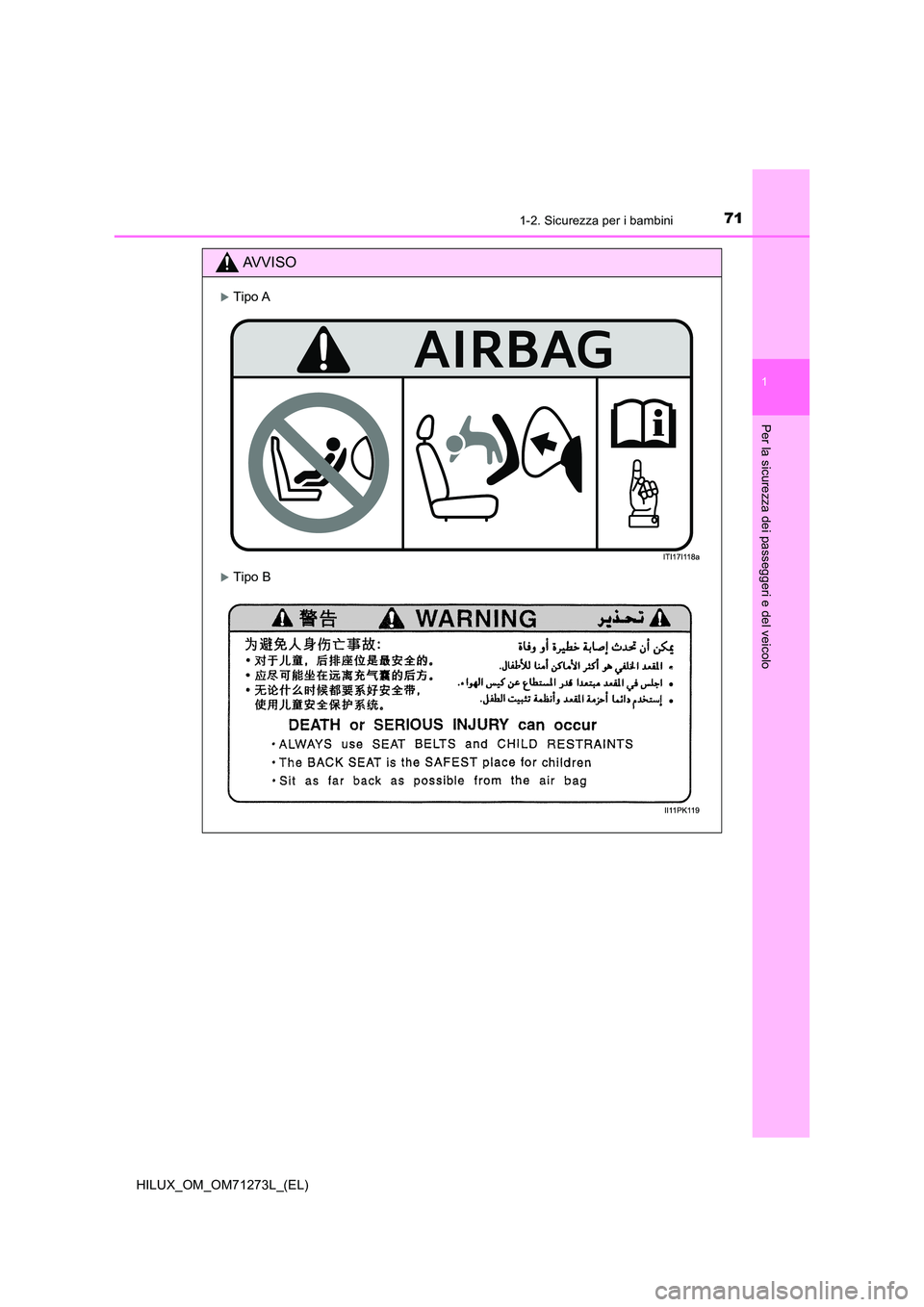 TOYOTA HILUX 2019 Manuale duso (in Italian) 711-2. Sicurezza per i bambini
1
HILUX_OM_OM71273L_(EL)
Per la sicurezza dei passeggeri e del veicolo
AVVISO
Tipo A
Tipo B TOYOTA HILUX 2019 Manuale duso (in Italian) 711-2. Sicurezza per i bambini
1
HILUX_OM_OM71273L_(EL)
Per la sicurezza dei passeggeri e del veicolo
AVVISO
Tipo A
Tipo B