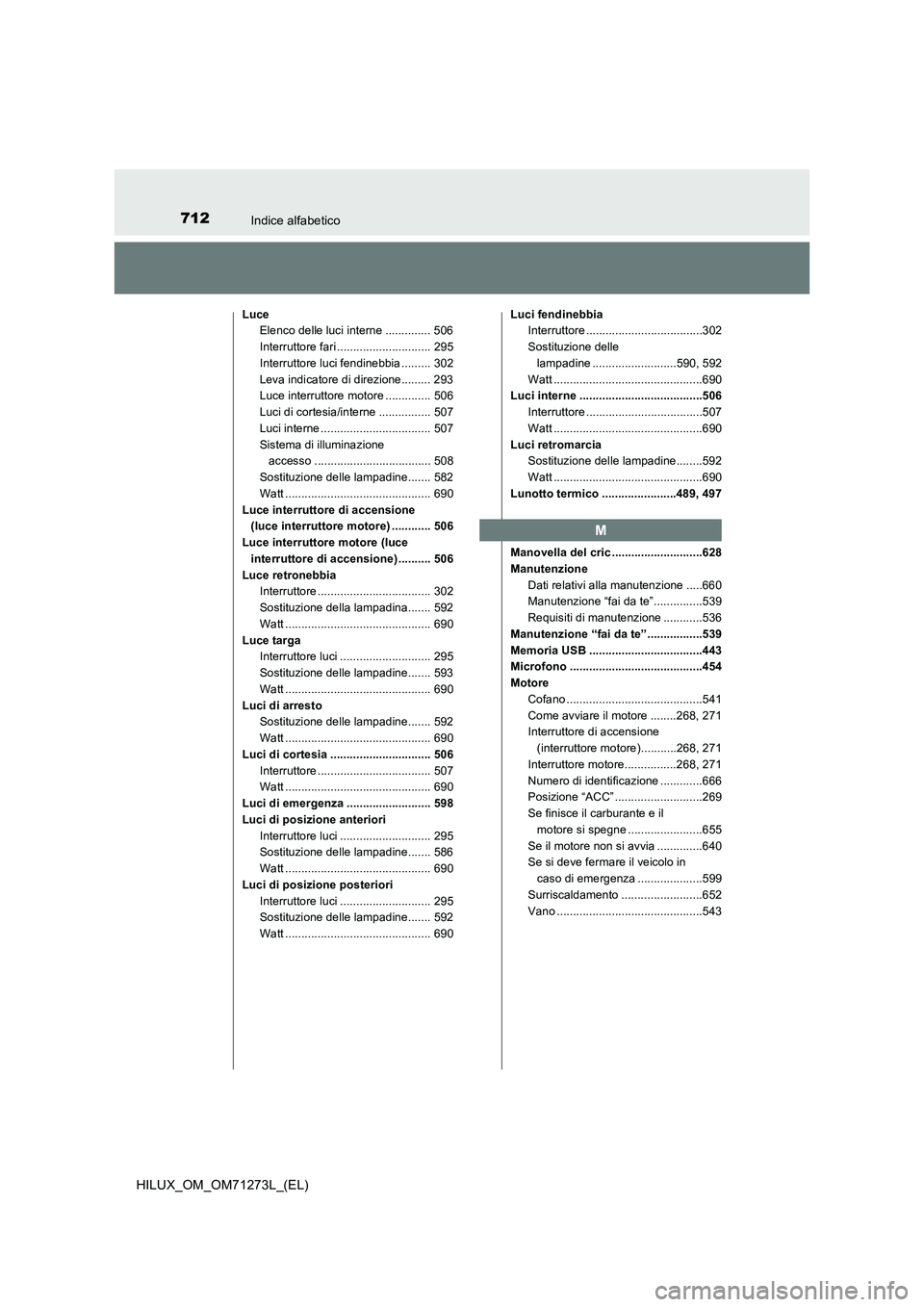 TOYOTA HILUX 2019 Manuale duso (in Italian) 712Indice alfabetico
HILUX_OM_OM71273L_(EL)
Luce
Elenco delle luci interne .............. 506
Interruttore fari ............................. 295
Interruttore luci fendinebbia ......... 302
Leva indic TOYOTA HILUX 2019 Manuale duso (in Italian) 712Indice alfabetico
HILUX_OM_OM71273L_(EL)
Luce
Elenco delle luci interne .............. 506
Interruttore fari ............................. 295
Interruttore luci fendinebbia ......... 302
Leva indic