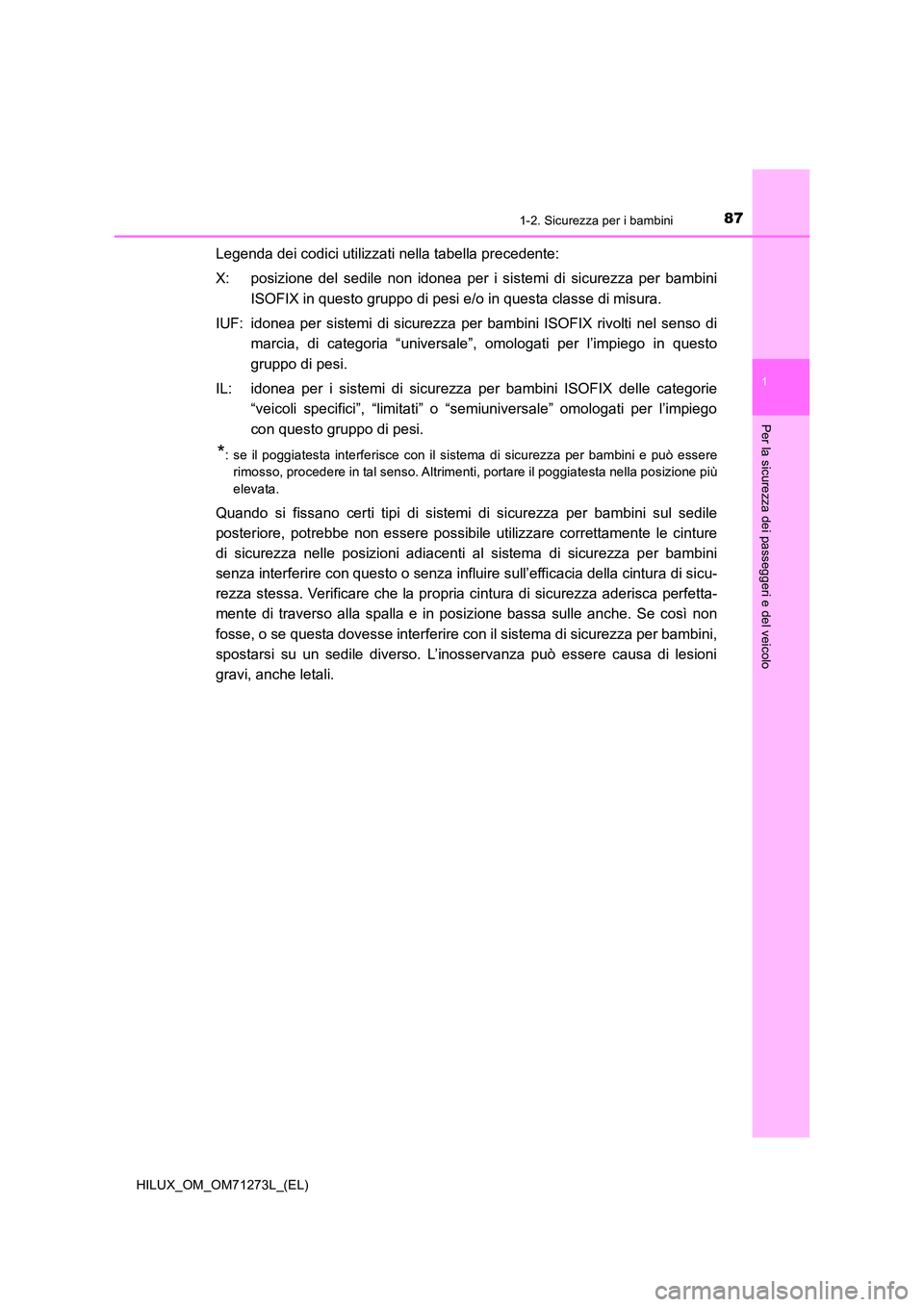 TOYOTA HILUX 2019  Manuale duso (in Italian) 871-2. Sicurezza per i bambini
1
HILUX_OM_OM71273L_(EL)
Per la sicurezza dei passeggeri e del veicolo
Legenda dei codici utilizzati nella tabella precedente: 
X: posizione del sedile non idonea per i 