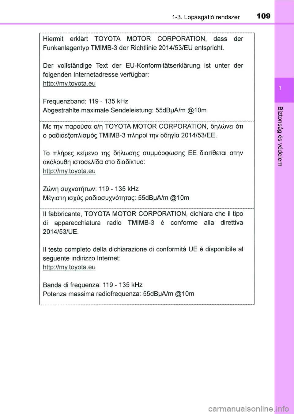 TOYOTA HILUX 2019 Kezelési útmutató (in Hungarian) 1091-3. Lopásgátló rendszer
1
Biztonság és védelem TOYOTA HILUX 2019 Kezelési útmutató (in Hungarian) 1091-3. Lopásgátló rendszer
1
Biztonság és védelem