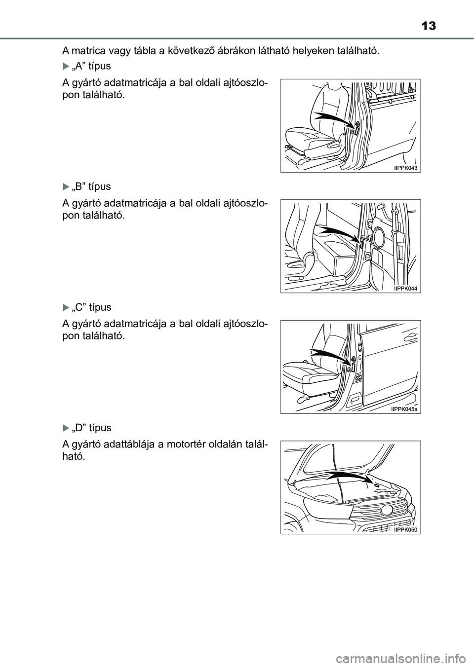 TOYOTA HILUX 2019 Kezelési útmutató (in Hungarian) 13
A matrica vagy tábla a következő ábrákon látható helyeken található.
„A” típus
„B” típus
„C” típus
„D” típus
A gyártó adatmatricája a bal oldali ajtóosz TOYOTA HILUX 2019 Kezelési útmutató (in Hungarian) 13
A matrica vagy tábla a következő ábrákon látható helyeken található.
„A” típus
„B” típus
„C” típus
„D” típus
A gyártó adatmatricája a bal oldali ajtóosz