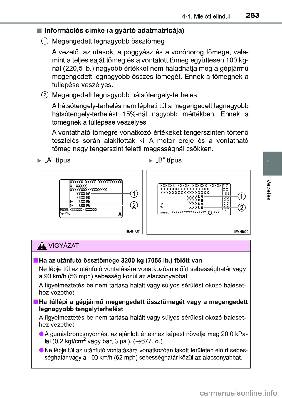 TOYOTA HILUX 2019 Kezelési útmutató (in Hungarian) 2634-1. Mielőtt elindul
4
Vezetés
nInformációs címke (a gyártó adatmatricája)Megengedett leg nagyobb össztömeg
A vezető, az utasok, a poggyász és a vonóhorog tömege, vala-
min TOYOTA HILUX 2019 Kezelési útmutató (in Hungarian) 2634-1. Mielőtt elindul
4
Vezetés
nInformációs címke (a gyártó adatmatricája)Megengedett leg nagyobb össztömeg
A vezető, az utasok, a poggyász és a vonóhorog tömege, vala-
min