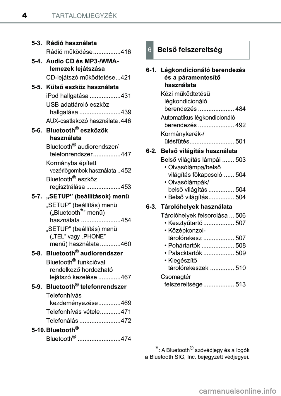 TOYOTA HILUX 2019  Kezelési útmutató (in Hungarian) TARTALOMJEGYZÉK4
5-3. Rádió használataRádió működése ................416
5-4. Audio CD és MP3-/WMA- lemezek lejátszása
CD-lejátszó működtetése...421
5-5. Külső eszköz használata i