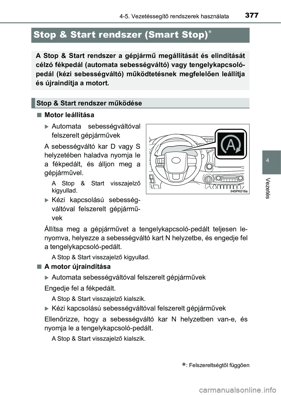 TOYOTA HILUX 2019 Kezelési útmutató (in Hungarian) 377
4
4-5. Vezetéssegítő rendszerek használata
Vezetés
Stop & Start rendszer (Smart Stop)
nMotor leállítása
Automata sebességváltóval
felszerelt gépjárművek
A sebességváltó k TOYOTA HILUX 2019 Kezelési útmutató (in Hungarian) 377
4
4-5. Vezetéssegítő rendszerek használata
Vezetés
Stop & Start rendszer (Smart Stop)
nMotor leállítása
Automata sebességváltóval
felszerelt gépjárművek
A sebességváltó k