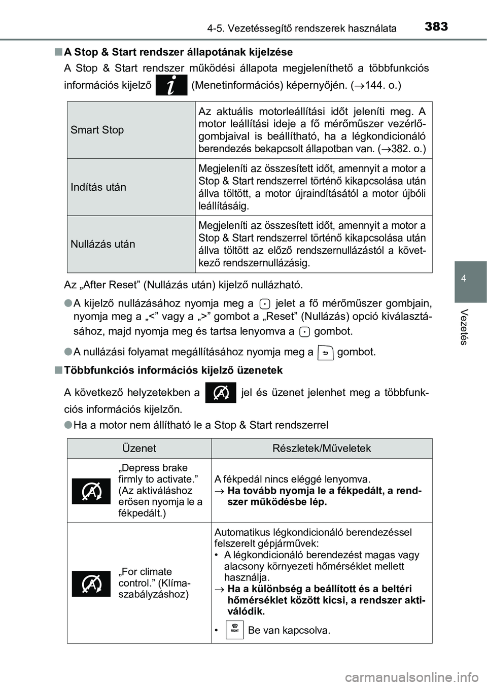 TOYOTA HILUX 2019 Kezelési útmutató (in Hungarian) 3834-5. Vezetéssegítő rendszerek használata
4
Vezetés
nA Stop & Start rendszer állapotának kijelzése
A Stop & Start rendszer működési állapota megjeleníthető a több funkciós
i TOYOTA HILUX 2019 Kezelési útmutató (in Hungarian) 3834-5. Vezetéssegítő rendszerek használata
4
Vezetés
nA Stop & Start rendszer állapotának kijelzése
A Stop & Start rendszer működési állapota megjeleníthető a több funkciós
i