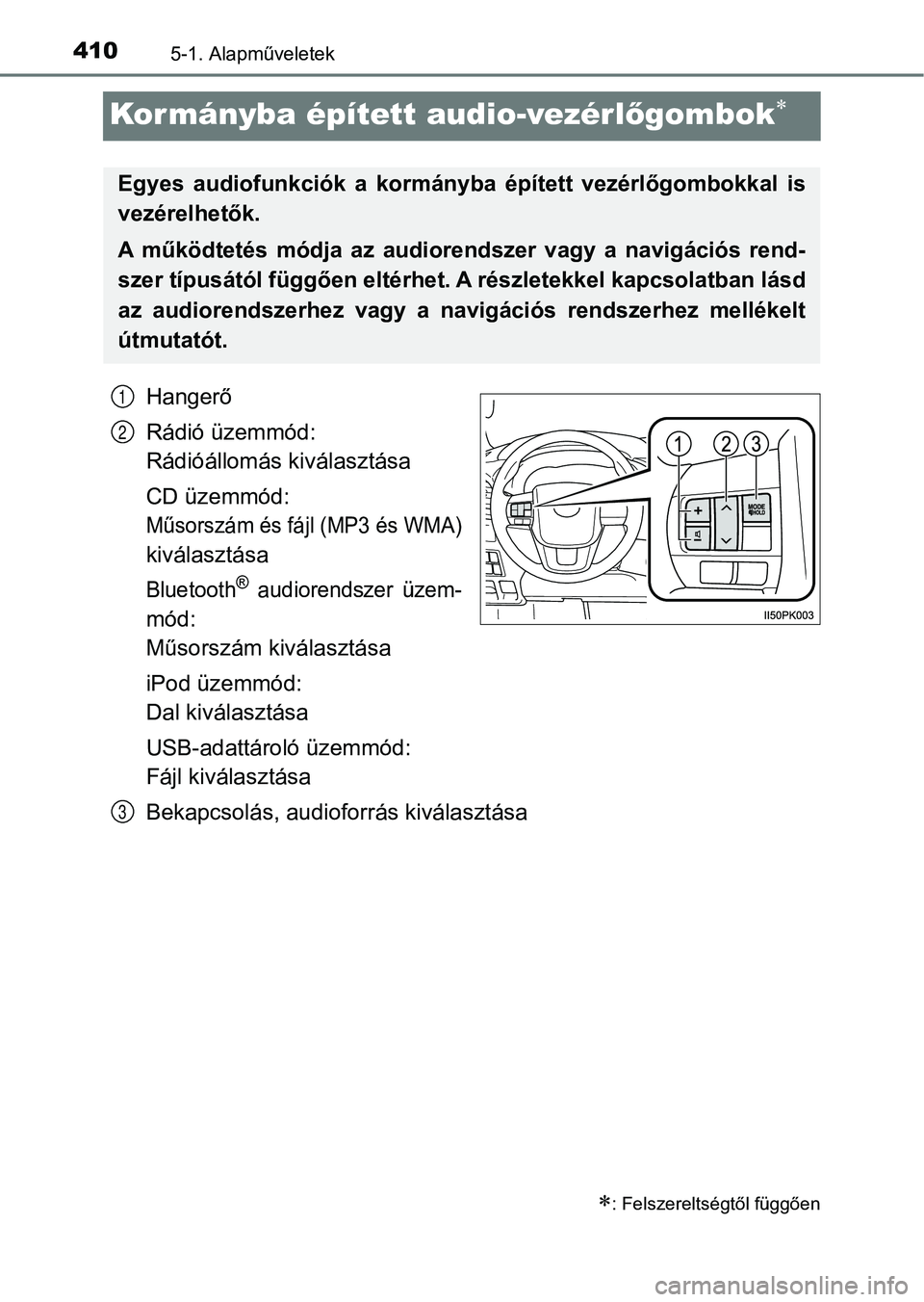 TOYOTA HILUX 2019 Kezelési útmutató (in Hungarian) 4105-1. Alapműveletek
Kormányba épített audio-vezérlőgombok
Hangerő
Rádió üzemmód:
Rádióállomás kiválasztása
CD üzemmód:
Műsorszám és fájl (MP3 és WMA)
kiválasztása
Blueto TOYOTA HILUX 2019 Kezelési útmutató (in Hungarian) 4105-1. Alapműveletek
Kormányba épített audio-vezérlőgombok
Hangerő
Rádió üzemmód:
Rádióállomás kiválasztása
CD üzemmód:
Műsorszám és fájl (MP3 és WMA)
kiválasztása
Blueto