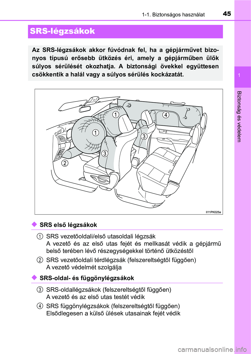 TOYOTA HILUX 2019 Kezelési útmutató (in Hungarian) 451-1. Biztonságos használat
1
Biztonság és védelem
SRS-légzsákok
uSRS első légzsákokSRS vezetőoldali/első utasoldali légzsák
A vezető és az első utas fejét és mellkasát v TOYOTA HILUX 2019 Kezelési útmutató (in Hungarian) 451-1. Biztonságos használat
1
Biztonság és védelem
SRS-légzsákok
uSRS első légzsákokSRS vezetőoldali/első utasoldali légzsák
A vezető és az első utas fejét és mellkasát v