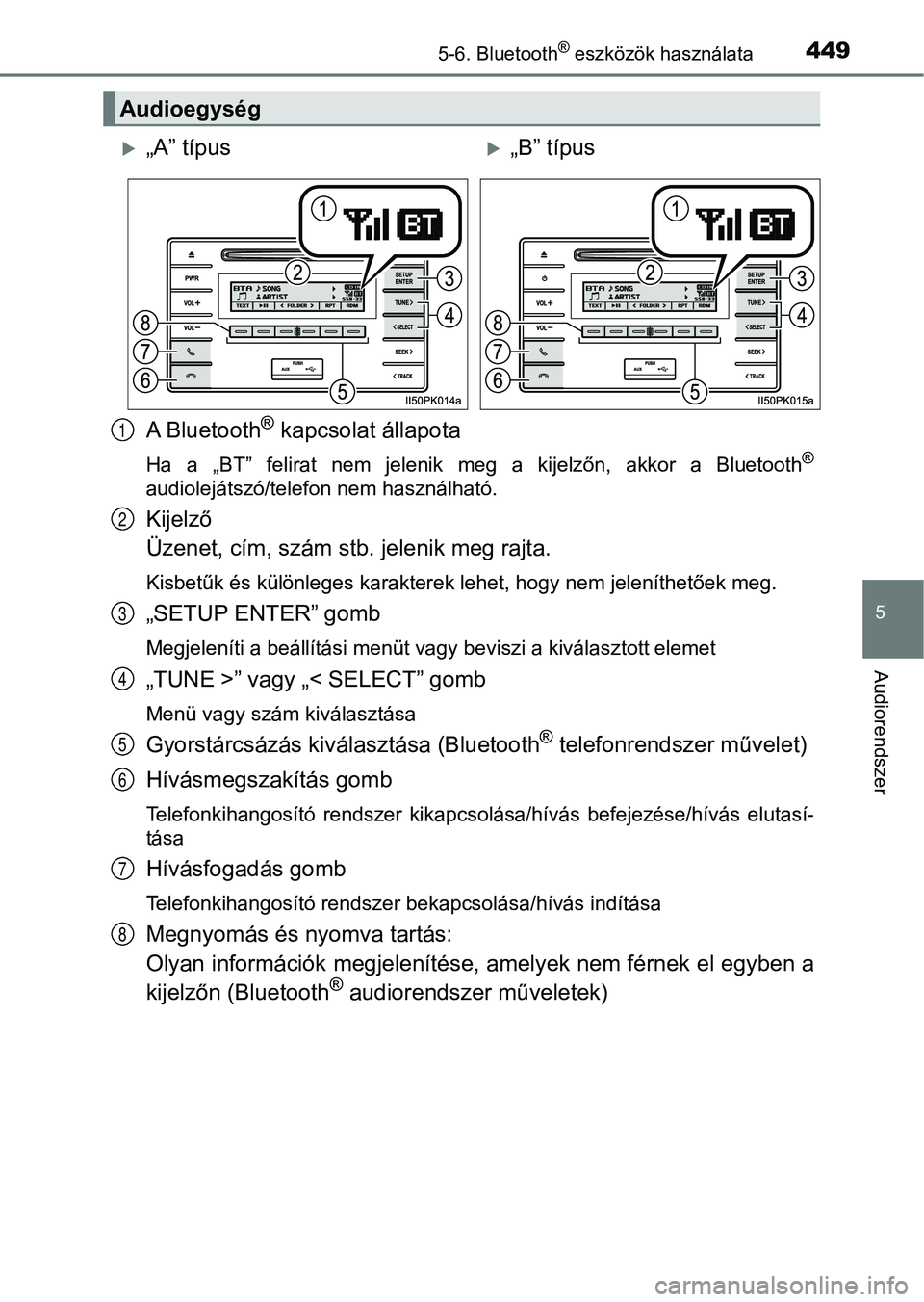 TOYOTA HILUX 2019 Kezelési útmutató (in Hungarian) 4495-6. Bluetooth® eszközök használata
5
Audiorendszer
A Bluetooth® kapcsolat állapota
Ha a „BT” felirat nem jelenik meg a kijelzőn, akkor a Bluetooth®
audiolejátszó/telefon n TOYOTA HILUX 2019 Kezelési útmutató (in Hungarian) 4495-6. Bluetooth® eszközök használata
5
Audiorendszer
A Bluetooth® kapcsolat állapota
Ha a „BT” felirat nem jelenik meg a kijelzőn, akkor a Bluetooth®
audiolejátszó/telefon n