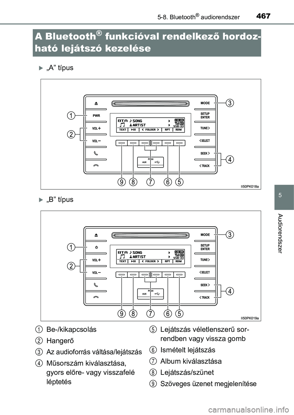 TOYOTA HILUX 2019  Kezelési útmutató (in Hungarian) 467
5
5-8. Bluetooth® audiorendszer
Audiorendszer
A Bluetooth® funkcióval rendelkező hordoz-
ható lejátszó kezelése
„A” típus
„B” típus
Be-/kikapcsolás
Hangerő
Az audioforrá