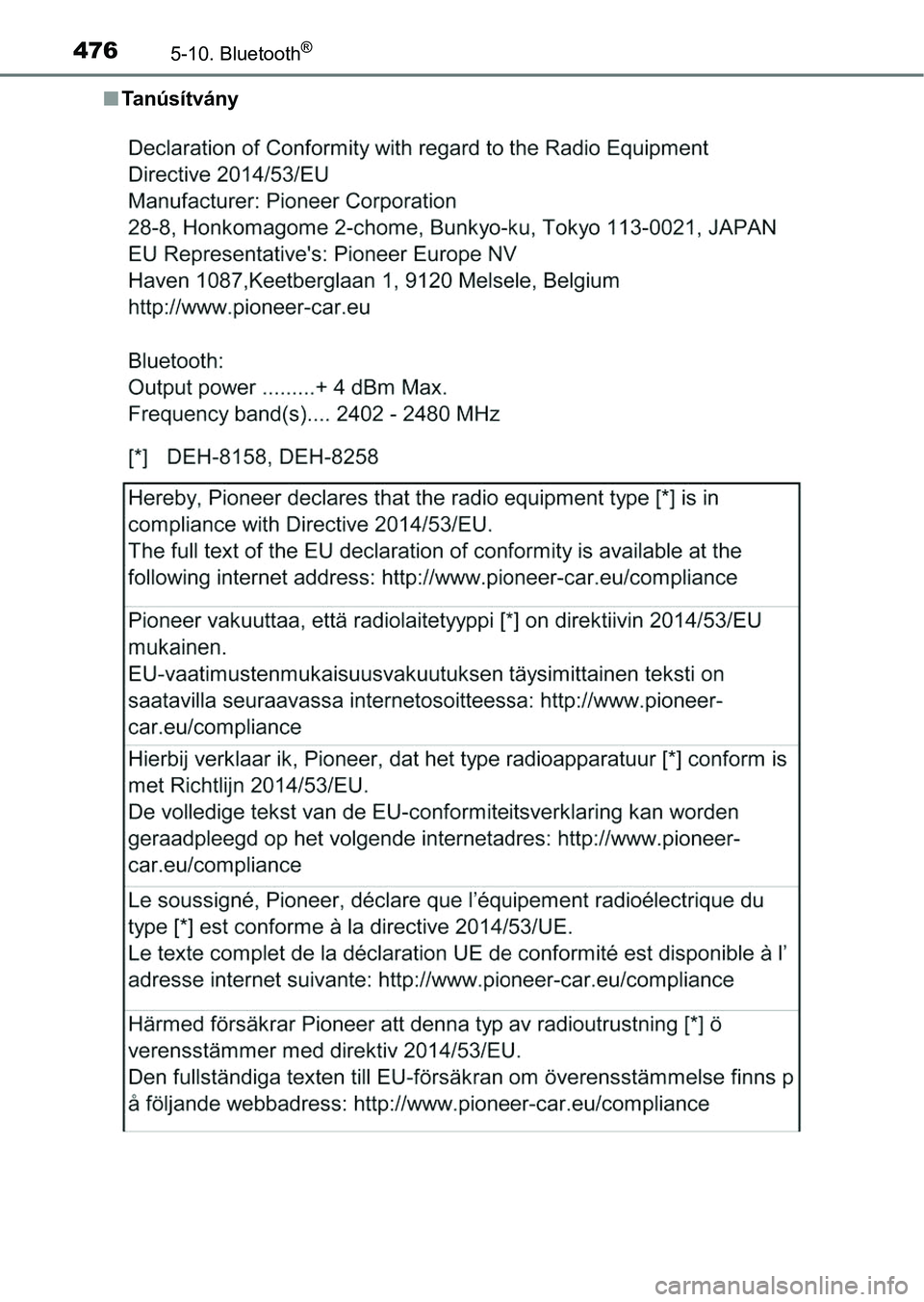 TOYOTA HILUX 2019  Kezelési útmutató (in Hungarian) 4765-10. Bluetooth®
nTanúsítvány 