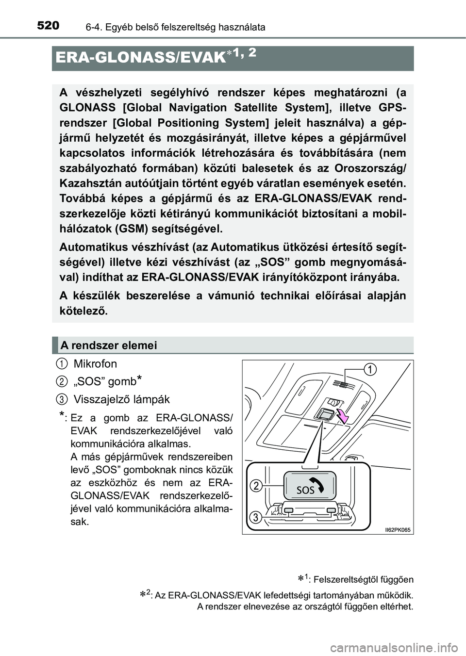 TOYOTA HILUX 2019  Kezelési útmutató (in Hungarian) 5206-4. Egyéb belső felszereltség használata
ERA-GLONASS/EVAK1, 2
Mikrofon
„SOS” gomb
*
Visszajelző lámpák
*: Ez  a  gomb  az  ERA-GLONASS/
EVAK  rendszerkezelőjével  való
kommunikác
