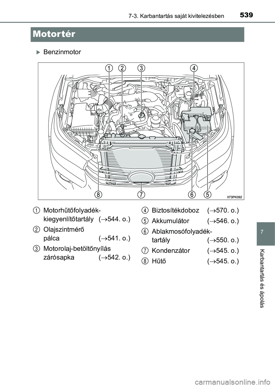 TOYOTA HILUX 2019  Kezelési útmutató (in Hungarian) 5397-3. Karbantartás saját kivitelezésben
7
Karbantartás és ápolás
Motor tér
Benzinmotor
Motorhűtőfolyadék-
kiegyenlítőtartály (544. o.)
Olajszintmérő 
pálca ( 541. o.)
Motor