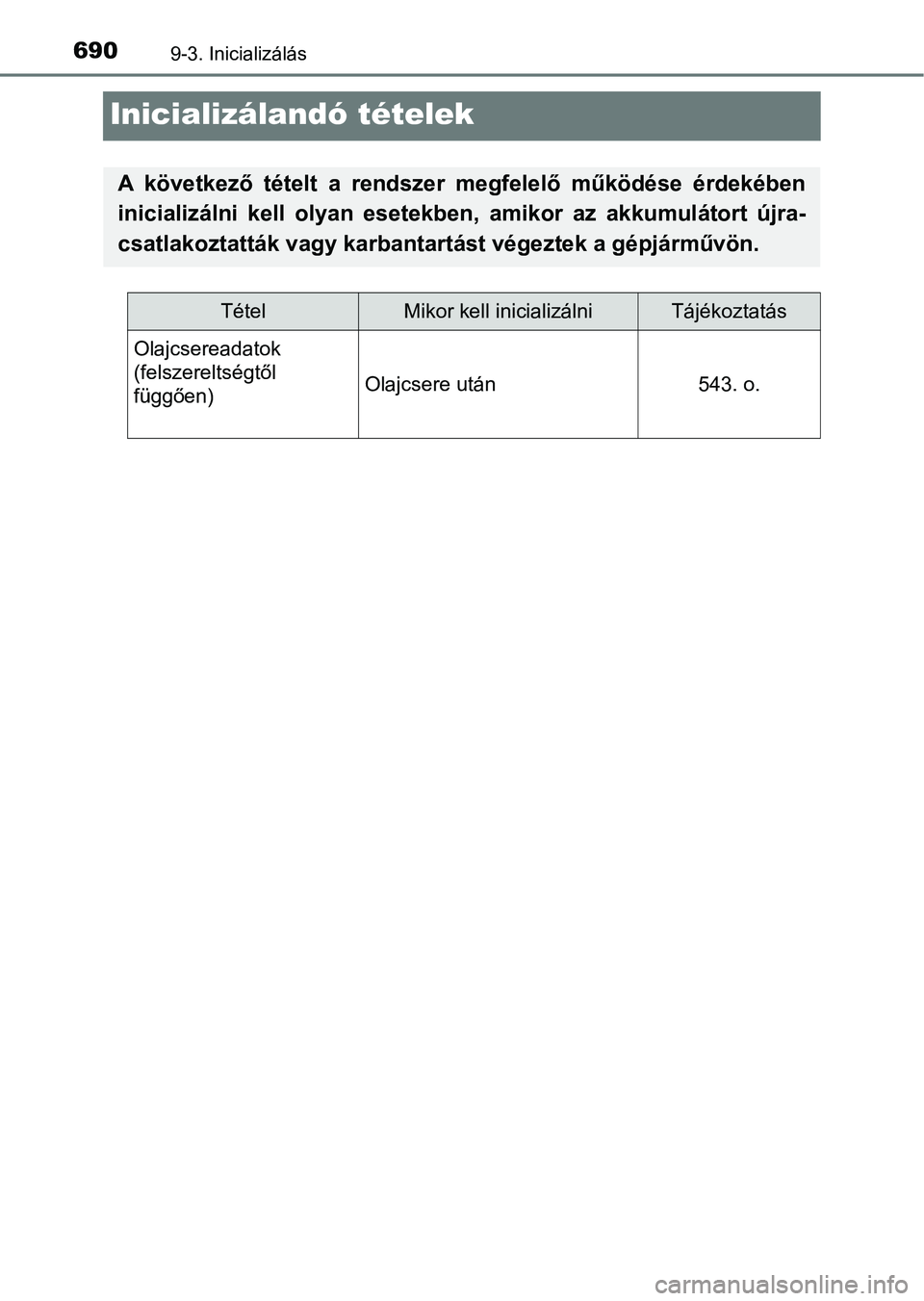 TOYOTA HILUX 2019  Kezelési útmutató (in Hungarian) 6909-3. Inicializálás
Inicializálandó tételek
A  következő  tételt  a  rendszer  megfelelő  működése  érdekében
inicializálni  kell  olyan  esetekben,  amikor  az  akkumulátort  újra-