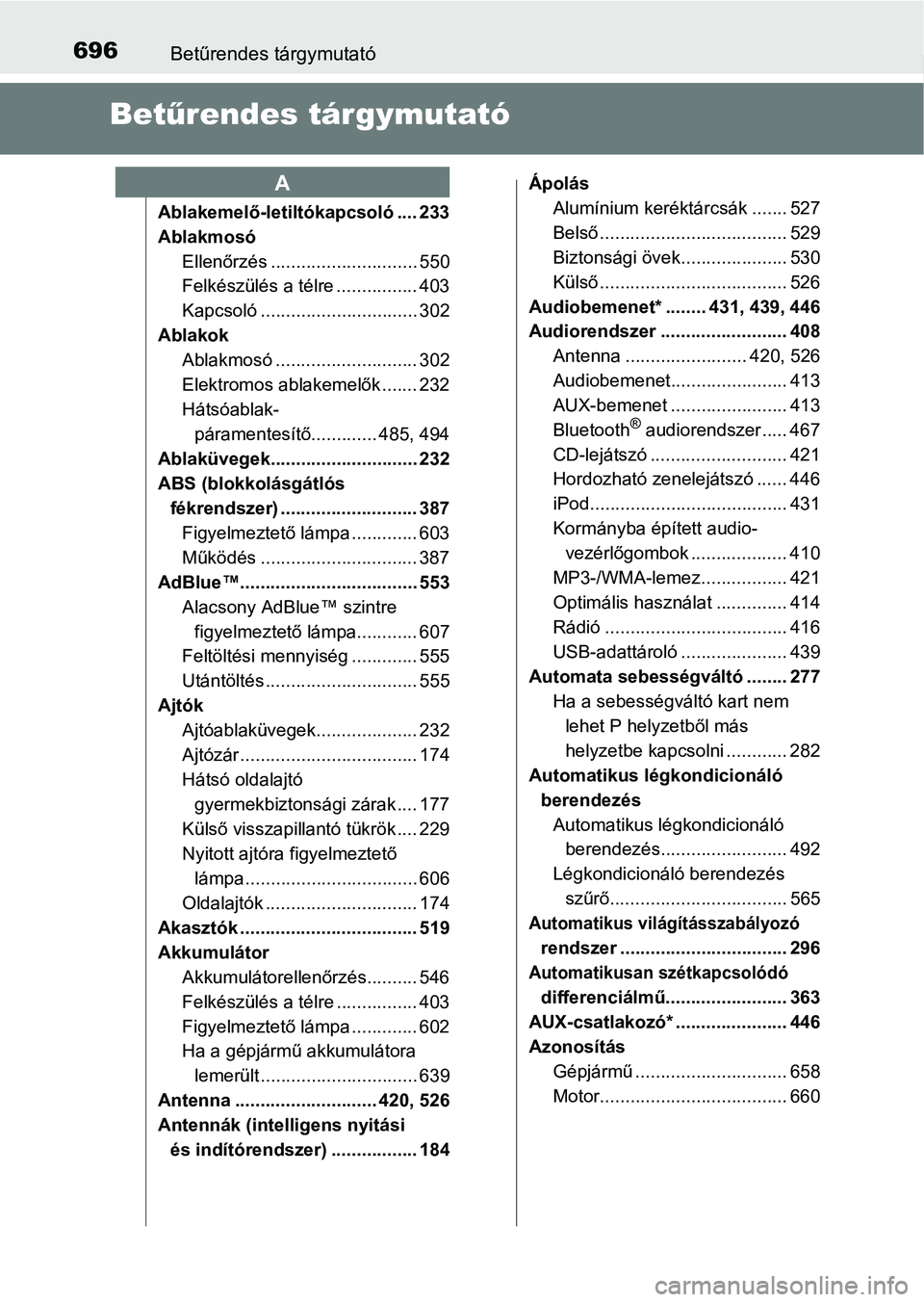 TOYOTA HILUX 2019  Kezelési útmutató (in Hungarian) 696Betűrendes tárgymutató
Betűrendes tárgymutató
Ablakemelő-letiltókapcsoló .... 233
Ablakmosó
Ellenőrzés ............................. 550
Felkészülés a télre ................ 403
Kap