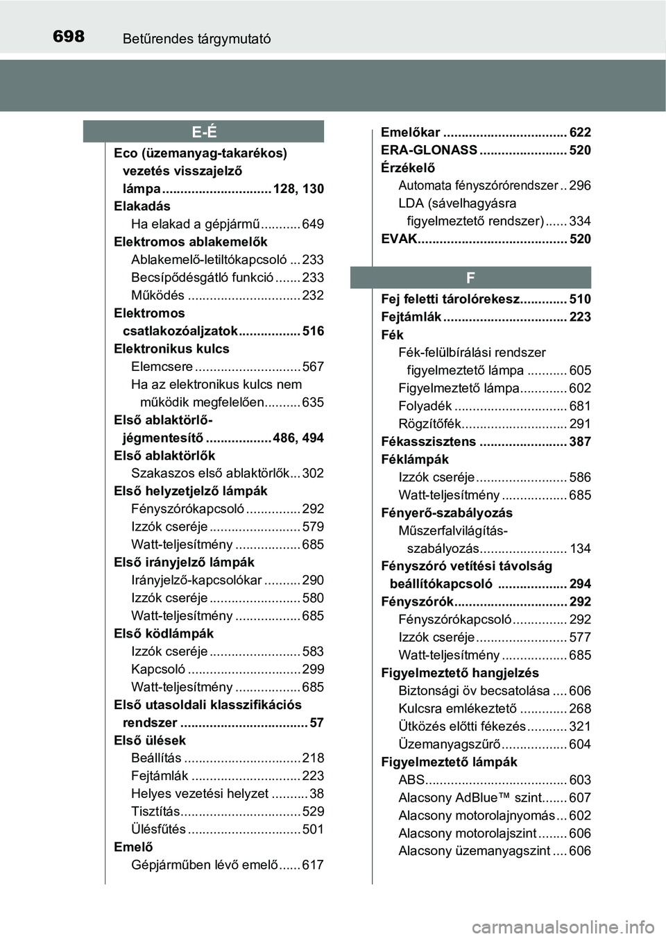 TOYOTA HILUX 2019  Kezelési útmutató (in Hungarian) 698Betűrendes tárgymutató
Eco (üzemanyag-takarékos) vezetés visszajelző 
lámpa .............................. 128, 130
Elakadás
Ha elakad a gépjármű ........... 649
Elektromos ablakemelők