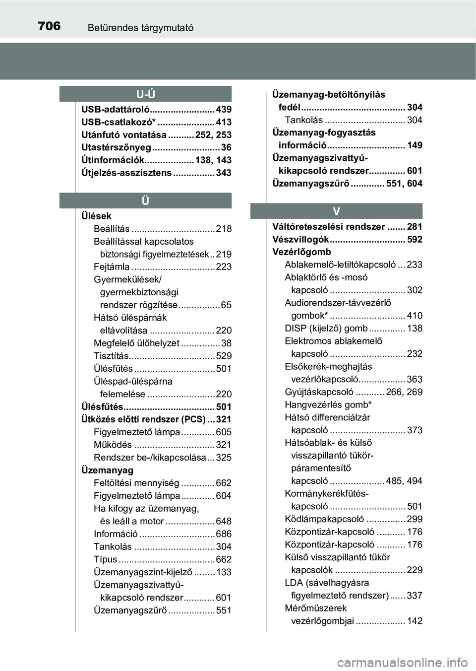 TOYOTA HILUX 2019 Kezelési útmutató (in Hungarian) 706Betűrendes tárgymutató
USB-adattároló......................... 439
USB-csatlakozó* ...................... 413
Utánfutó vontatása .......... 252, 253
Utastérszőnyeg ...................... TOYOTA HILUX 2019 Kezelési útmutató (in Hungarian) 706Betűrendes tárgymutató
USB-adattároló......................... 439
USB-csatlakozó* ...................... 413
Utánfutó vontatása .......... 252, 253
Utastérszőnyeg ......................
