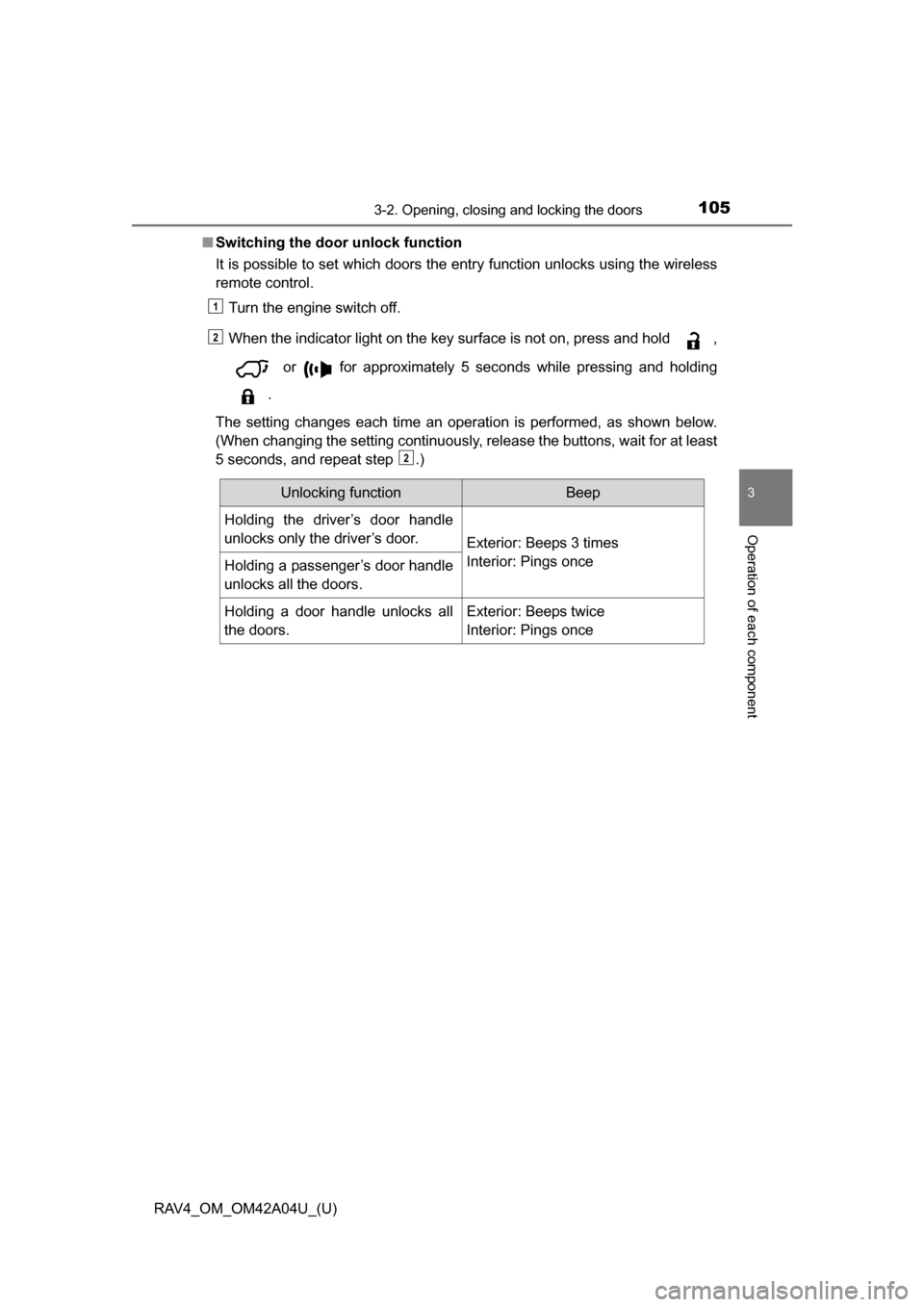TOYOTA RAV4 2014 XA40 / 4.G Owners Manual RAV4_OM_OM42A04U_(U)
1053-2. Opening, closing and locking the doors
3
Operation of each component
■Switching the door unlock function
It is possible to set which doors the entry function unlocks usi TOYOTA RAV4 2014 XA40 / 4.G Owners Manual RAV4_OM_OM42A04U_(U)
1053-2. Opening, closing and locking the doors
3
Operation of each component
■Switching the door unlock function
It is possible to set which doors the entry function unlocks usi